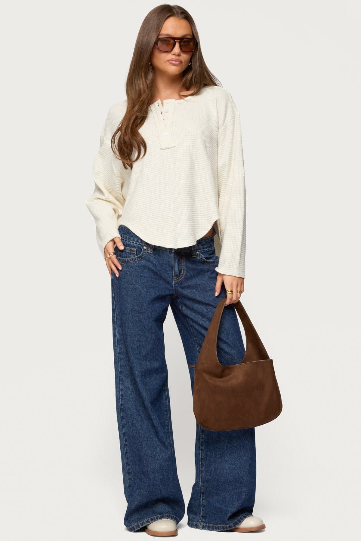 Alisia Oversized Waffle Henley Top - Long Sleeve Rayon Polyester Blend