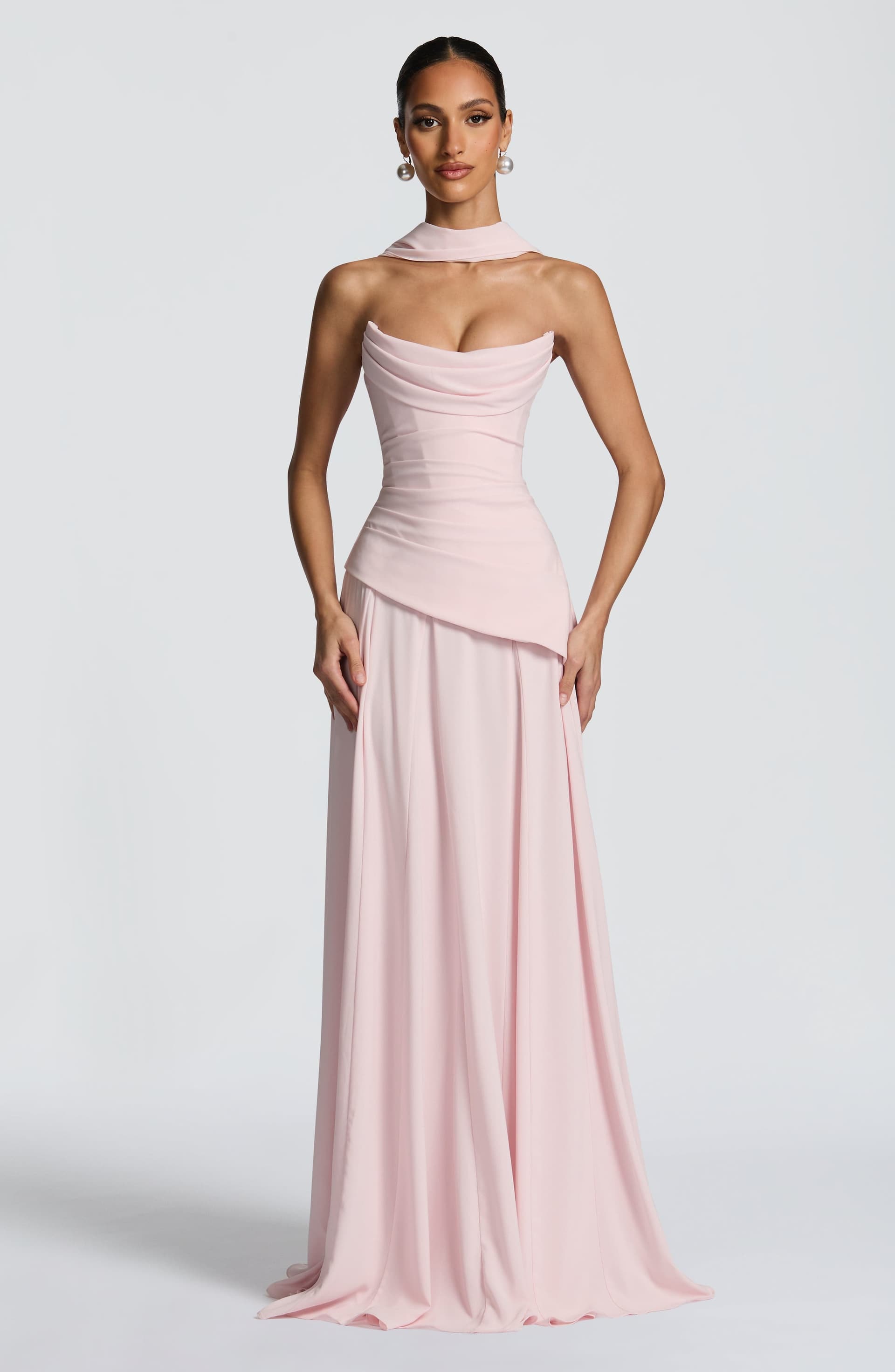 Patricia Maxi Dress - Blush Chiffon with Lace-Up Back, Scooped Neckline