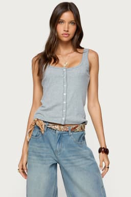 Gwenne Pointelle Button Up Tank Top - Polyester Spandex Scalloped Hem