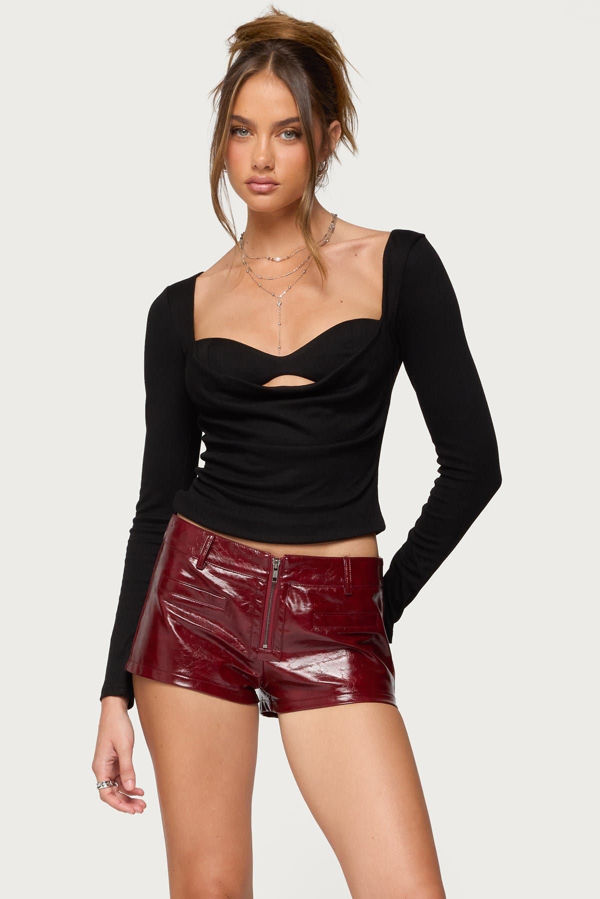 Oaklyn Layered Bra Cowl Neck Long Sleeve Top - Rayon Spandex