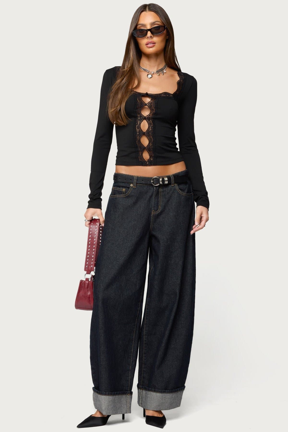 Zeya Lacey Keyhole Top - Long Sleeve Square Neck Lace Trim Polyester Spandex