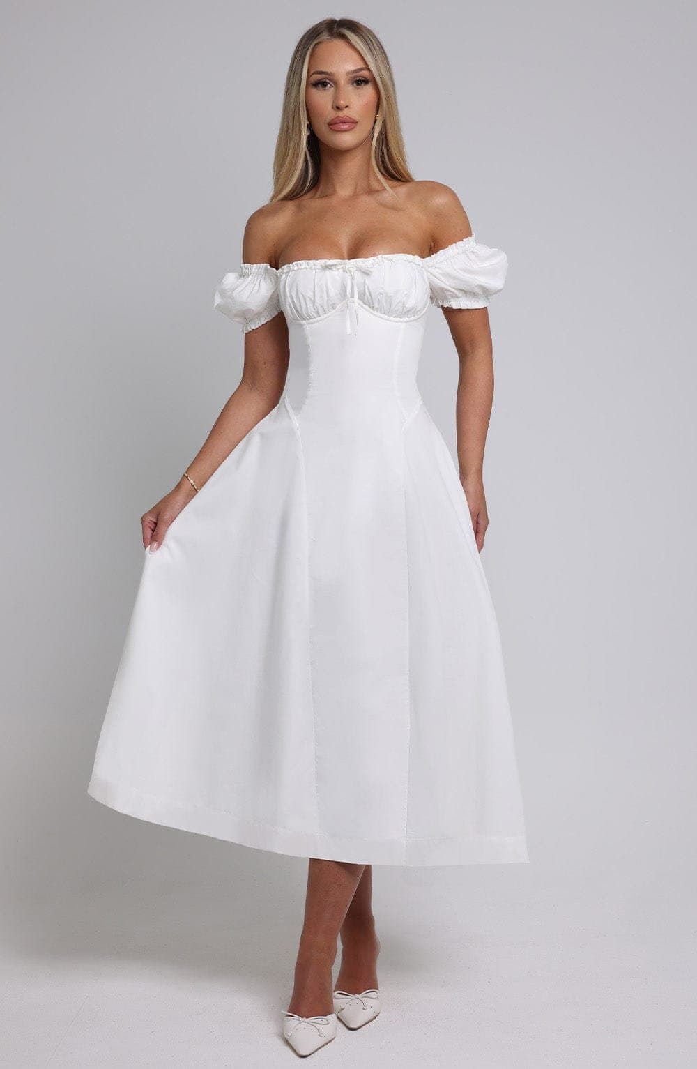 Elora Midi Dress - Ivory Non-Stretch Cotton Blend with Puff Sleeves