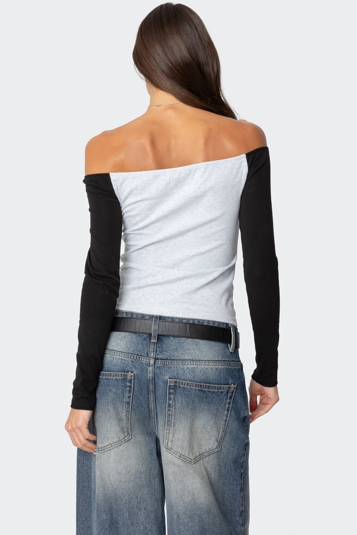Contrast Off Shoulder Long Sleeve Top - Cotton Spandex