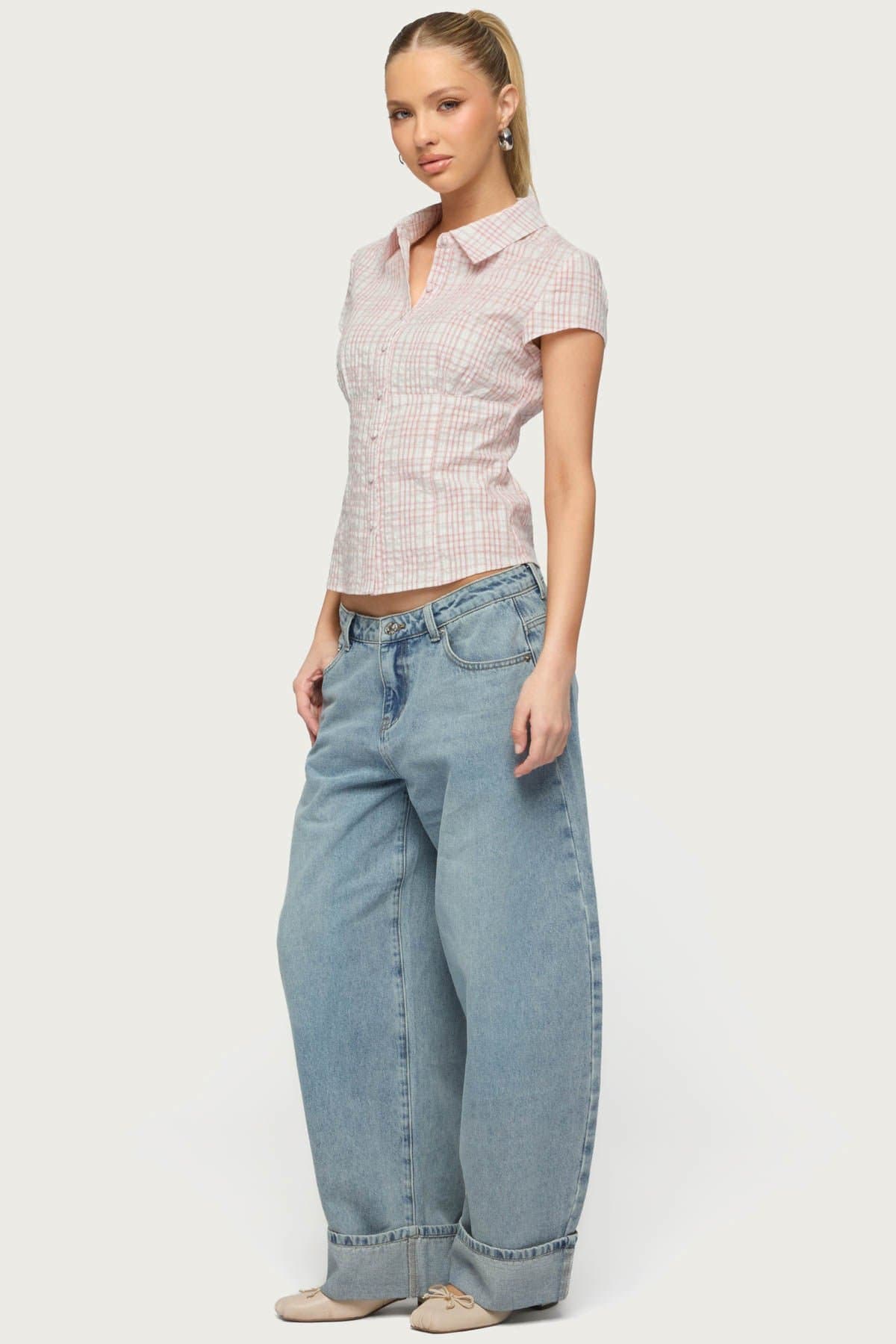 Naiah Plaid Tailored Button Up Shirt - Cotton Polyester with Classic Collar & Underbust Ruching