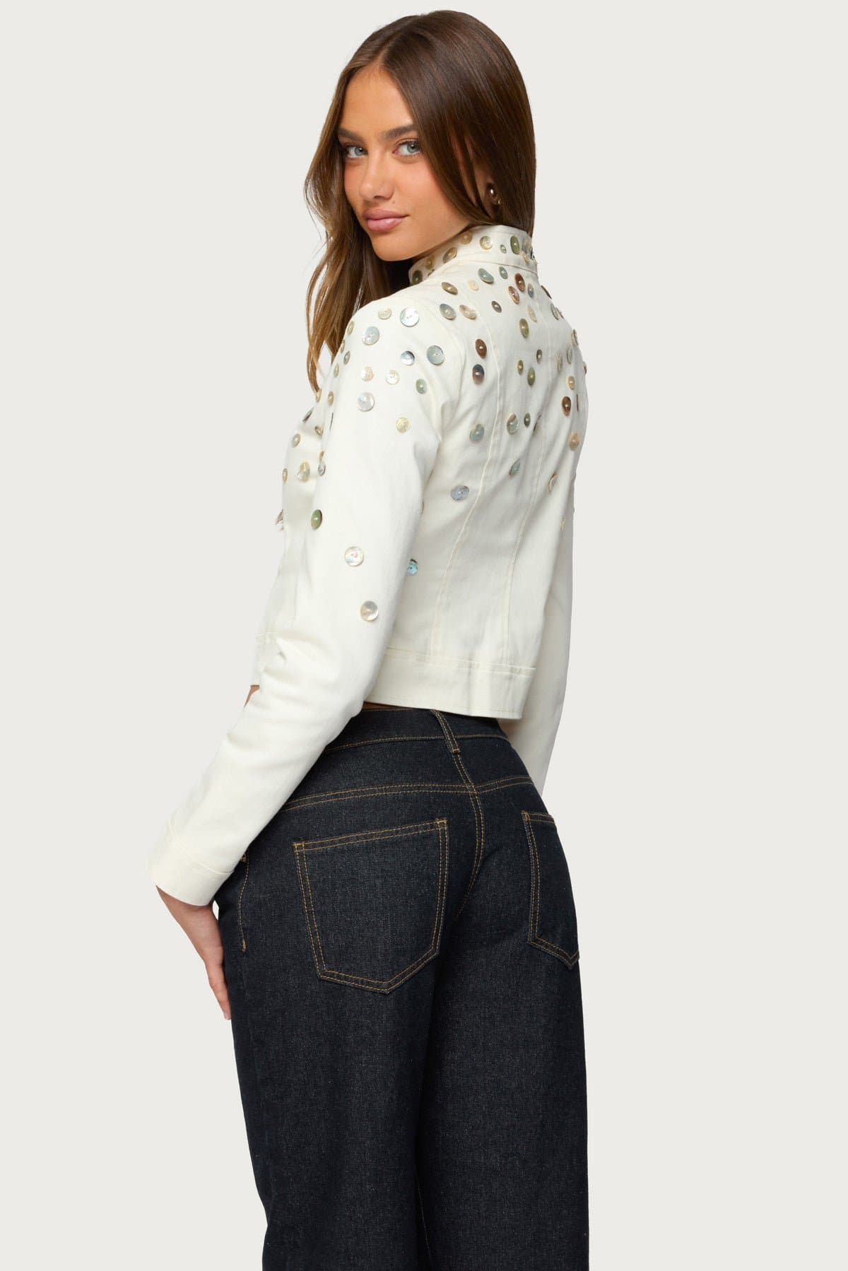 Elira Iridescent Fitted Jacket - Cotton Spandex with Front Zip and Button Detailing