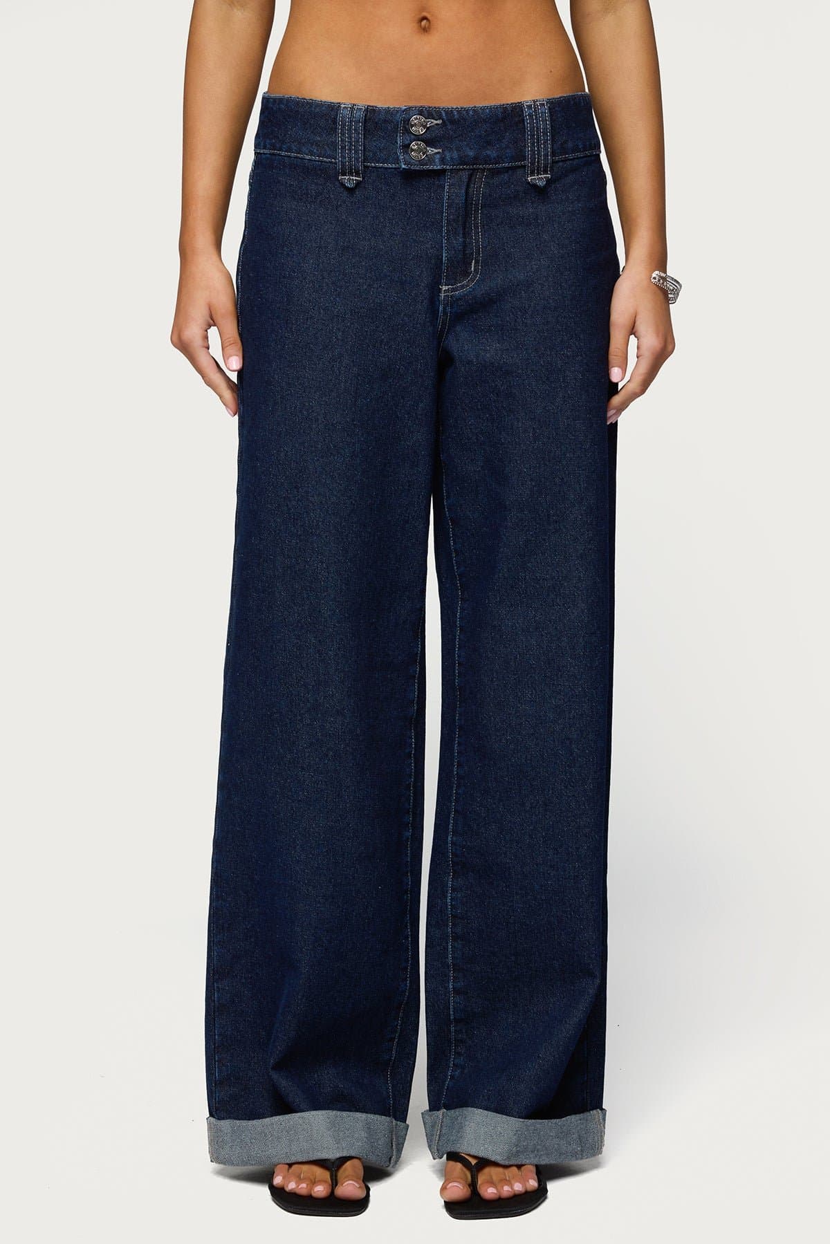 Cuffed Low Rise Straight Leg Jeans in Rigid Cotton Denim