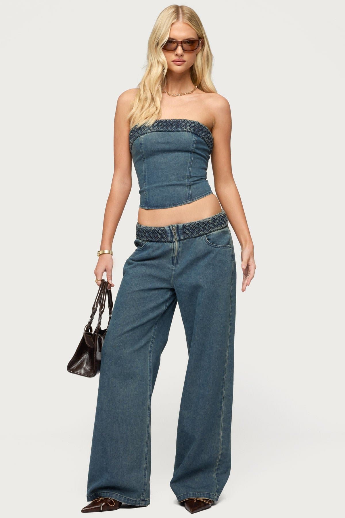 Braidey Low Rise Baggy Jeans - Rigid Cotton Denim with Braided Waistband