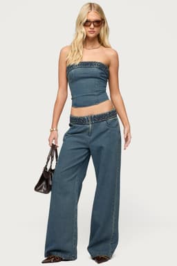Braidey Low Rise Baggy Jeans - Rigid Cotton Denim with Braided Waistband