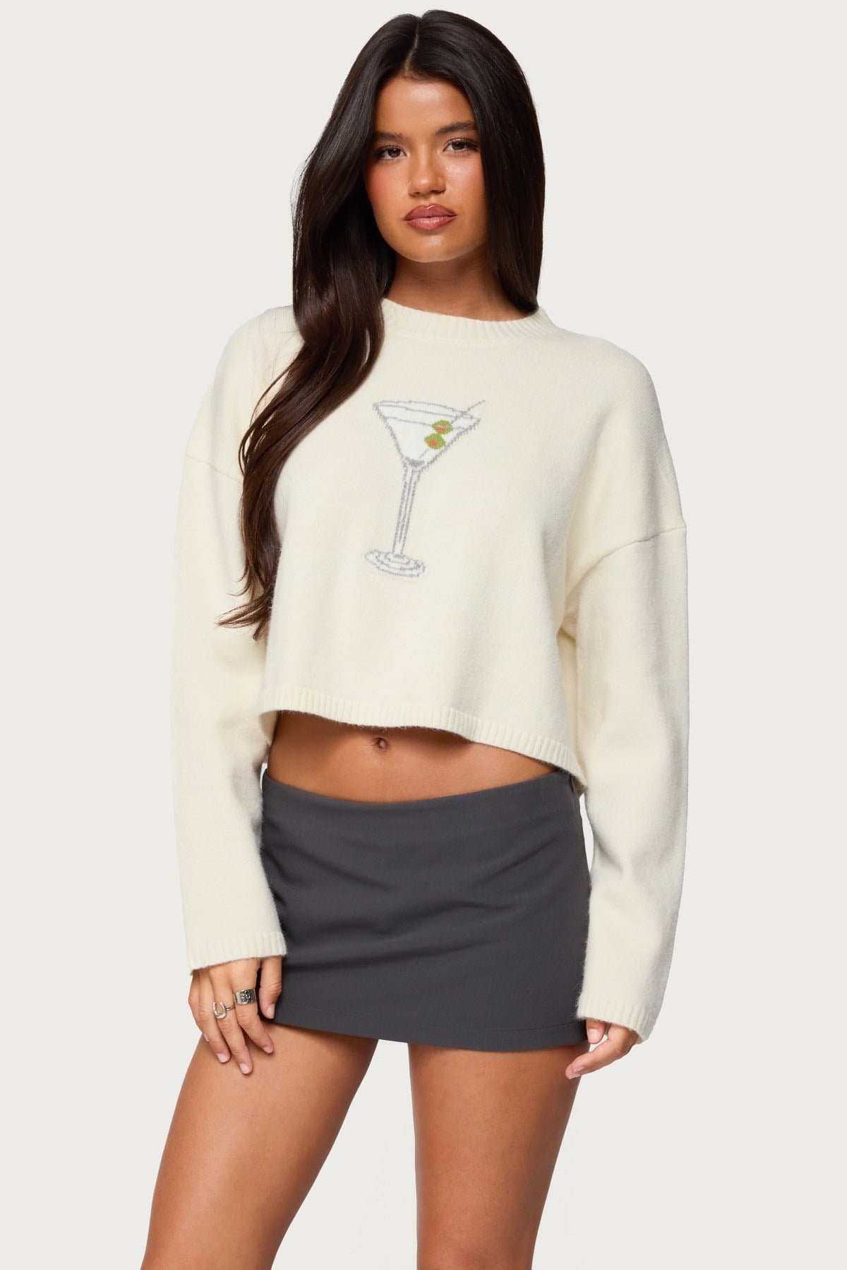 Martini Club Sweater with Ribbed Detailing and Knit Graphic in Acrylic Polyester Nylon