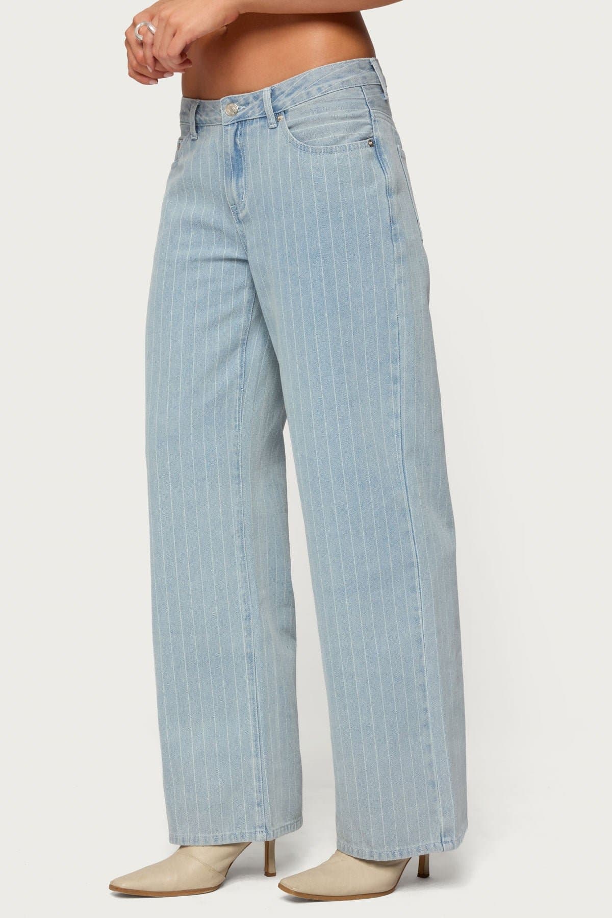 Pinstripe Low Rise Baggy Jeans - 100% Cotton Rigid Denim