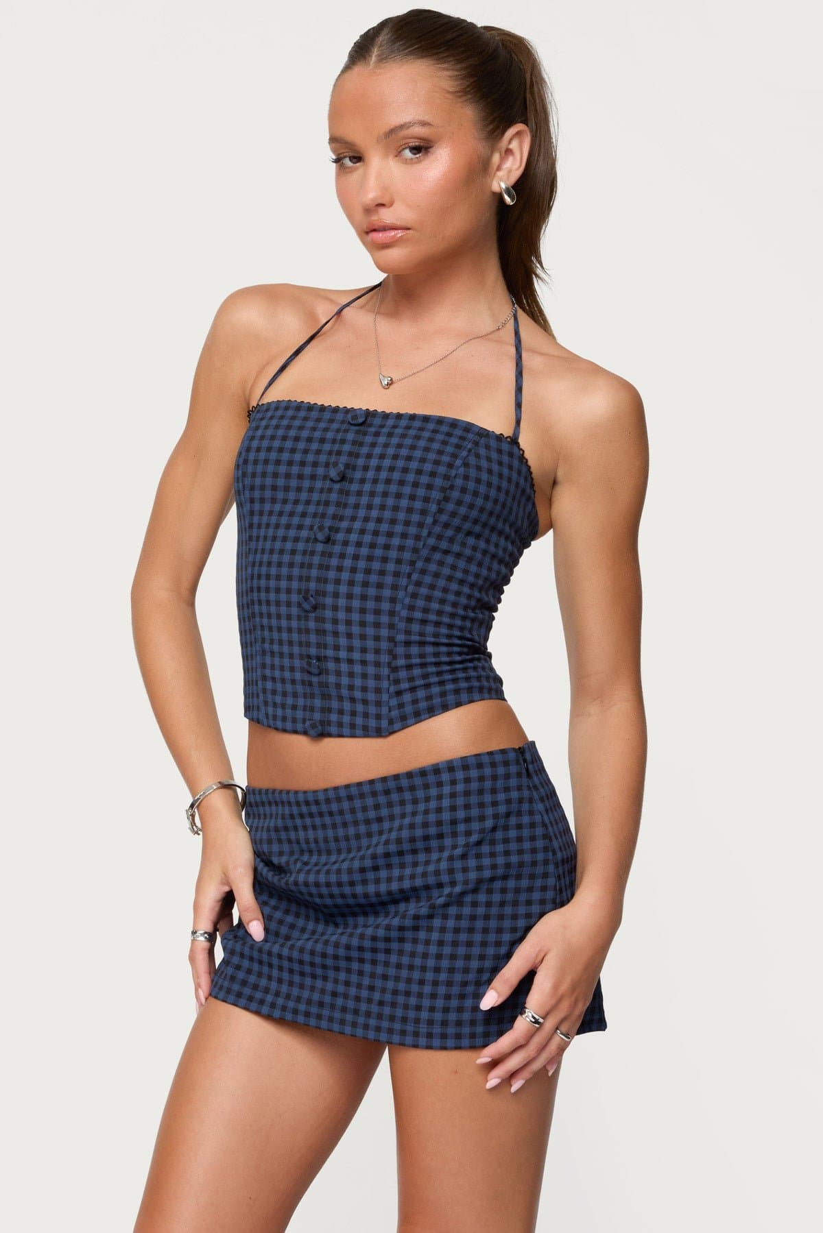 Winsley Gingham Halter Corset - Boned Bodice, Lace-Up Back, Frill Trim