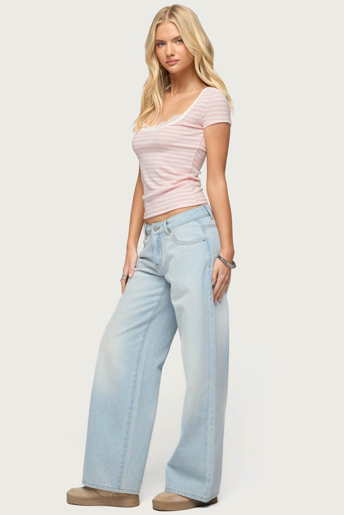 Layered Lacey Striped T-Shirt - Square Neckline, Polyester Rayon Spandex Blend