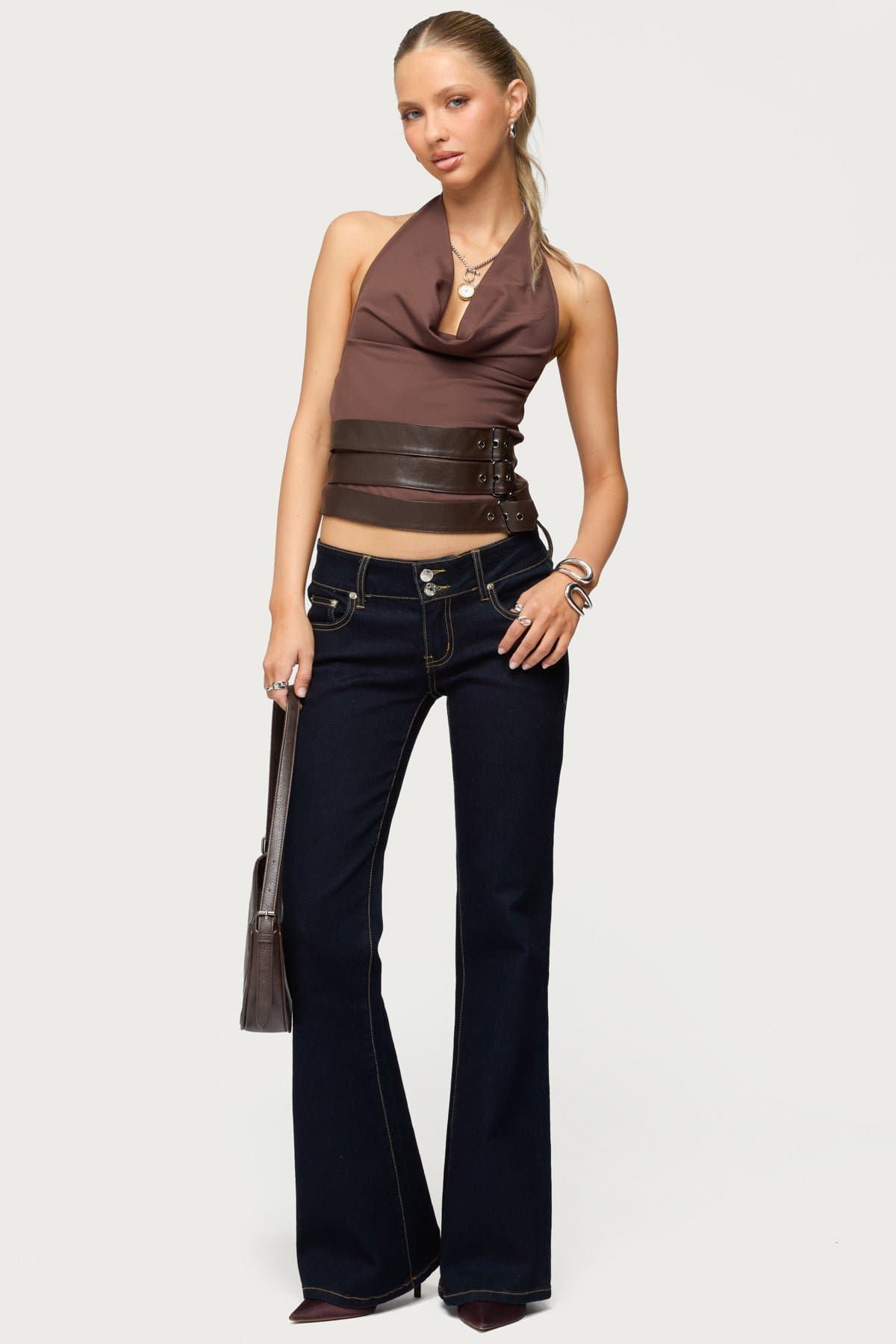 Buckle Cowl Neck Backless Halter Top with Neck Back Ties Polyester Spandex