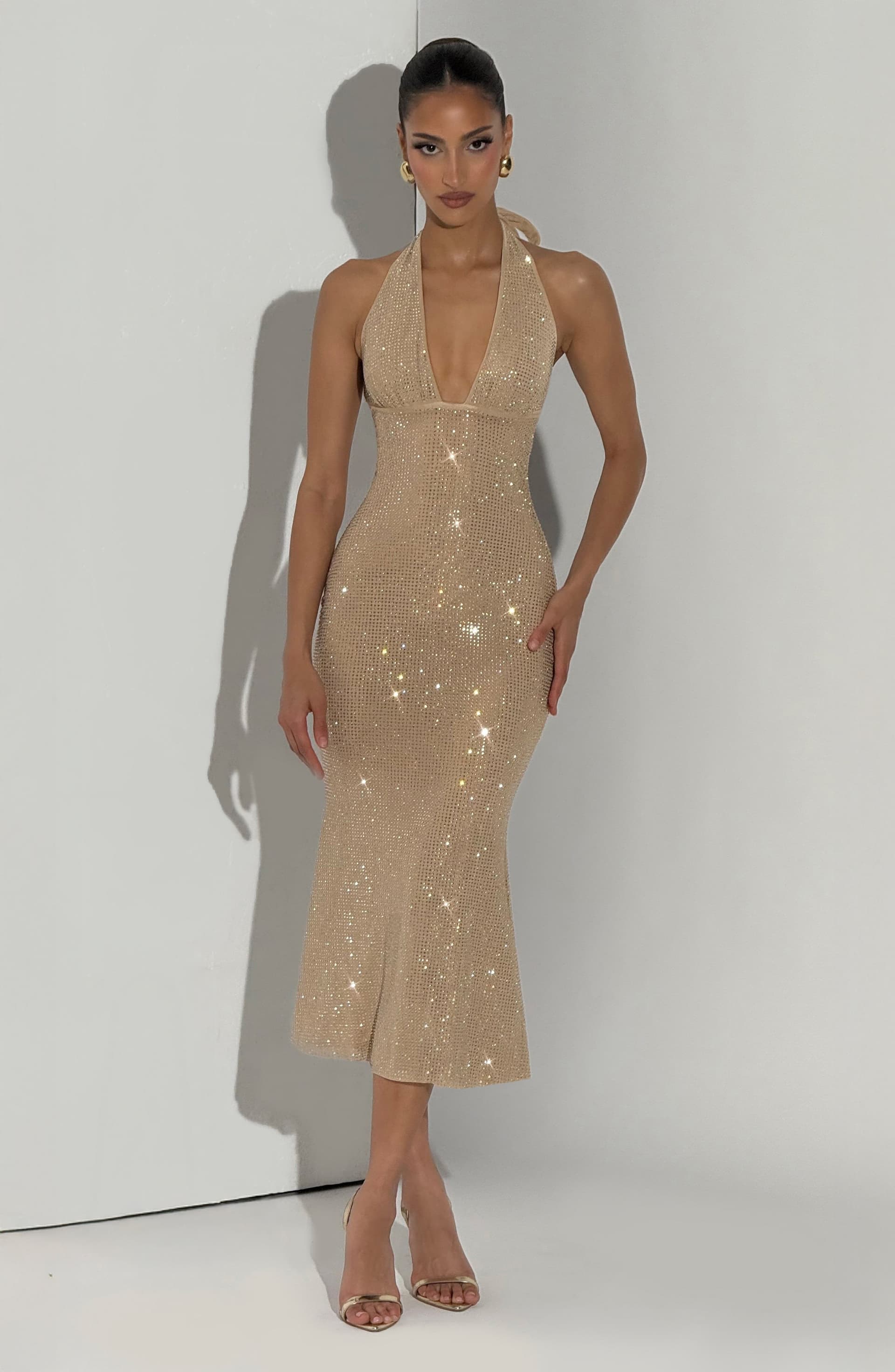 Sonora Midi Dress - Gold Stretch Mesh Rhinestone Embellished Plunge Neckline