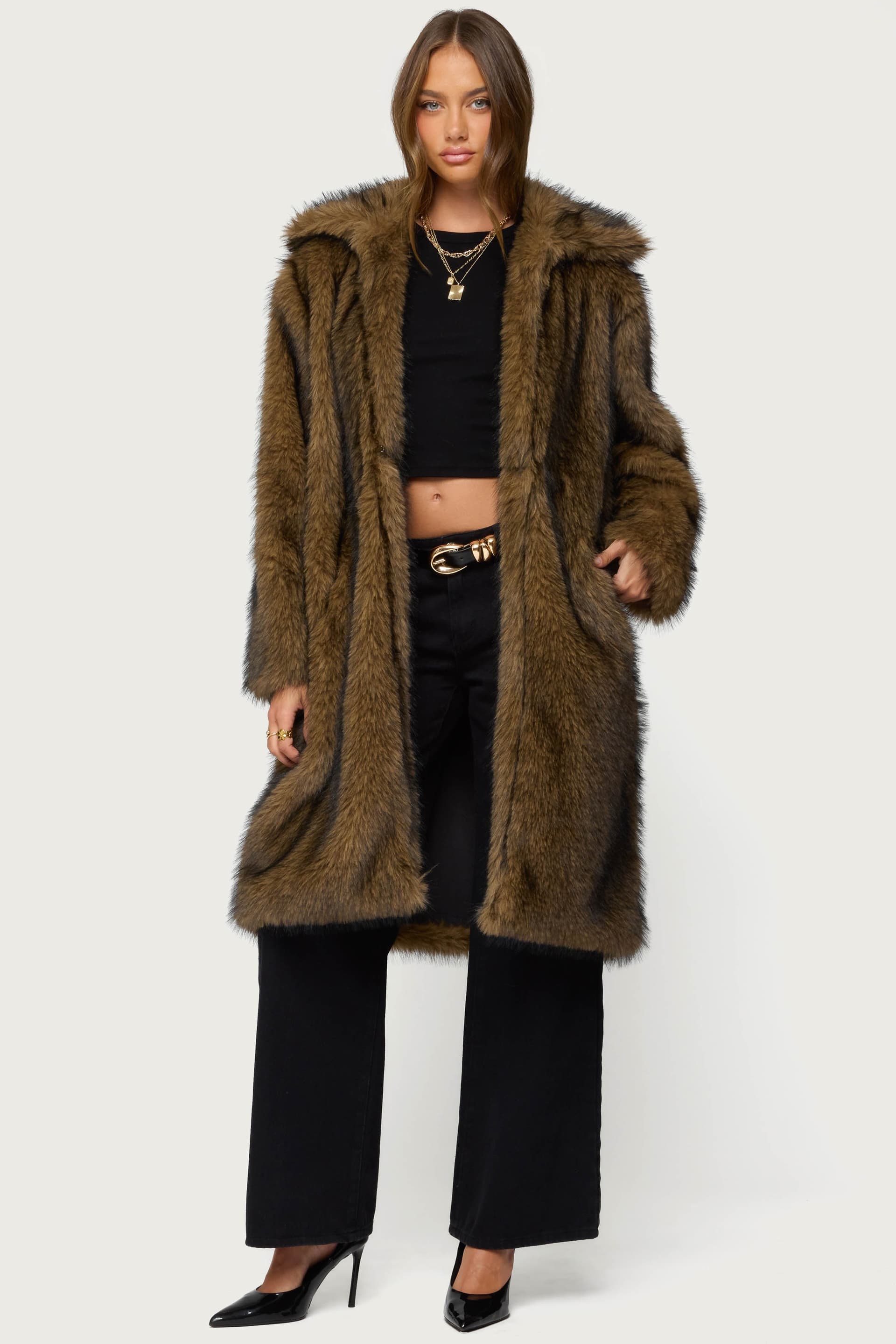 Saphira Oversized Faux Fur Maxi Coat - Longline Polyester Collared Winter Coat