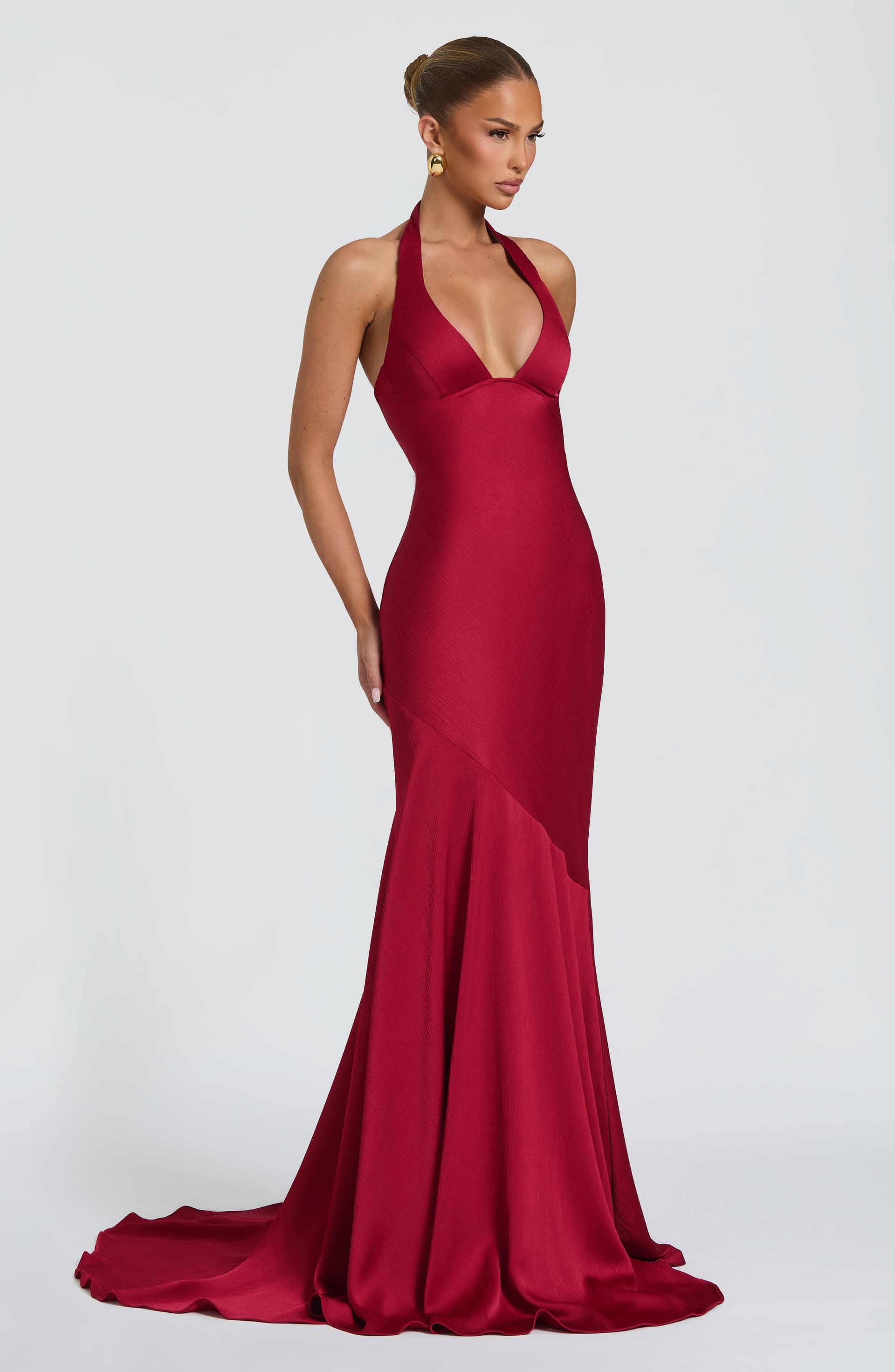 Kirsten Berry Gown Textured Satin Underwired Plunge Neckline Halterneck Floor-Length