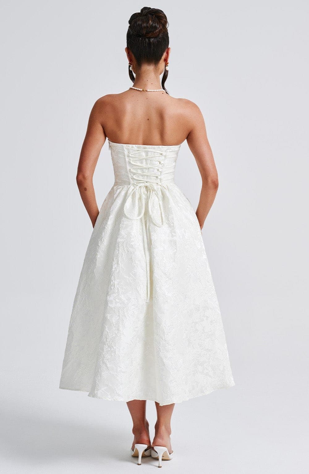 Saoirse Midi Dress in Ivory Floral Jacquard with Lace Up Back