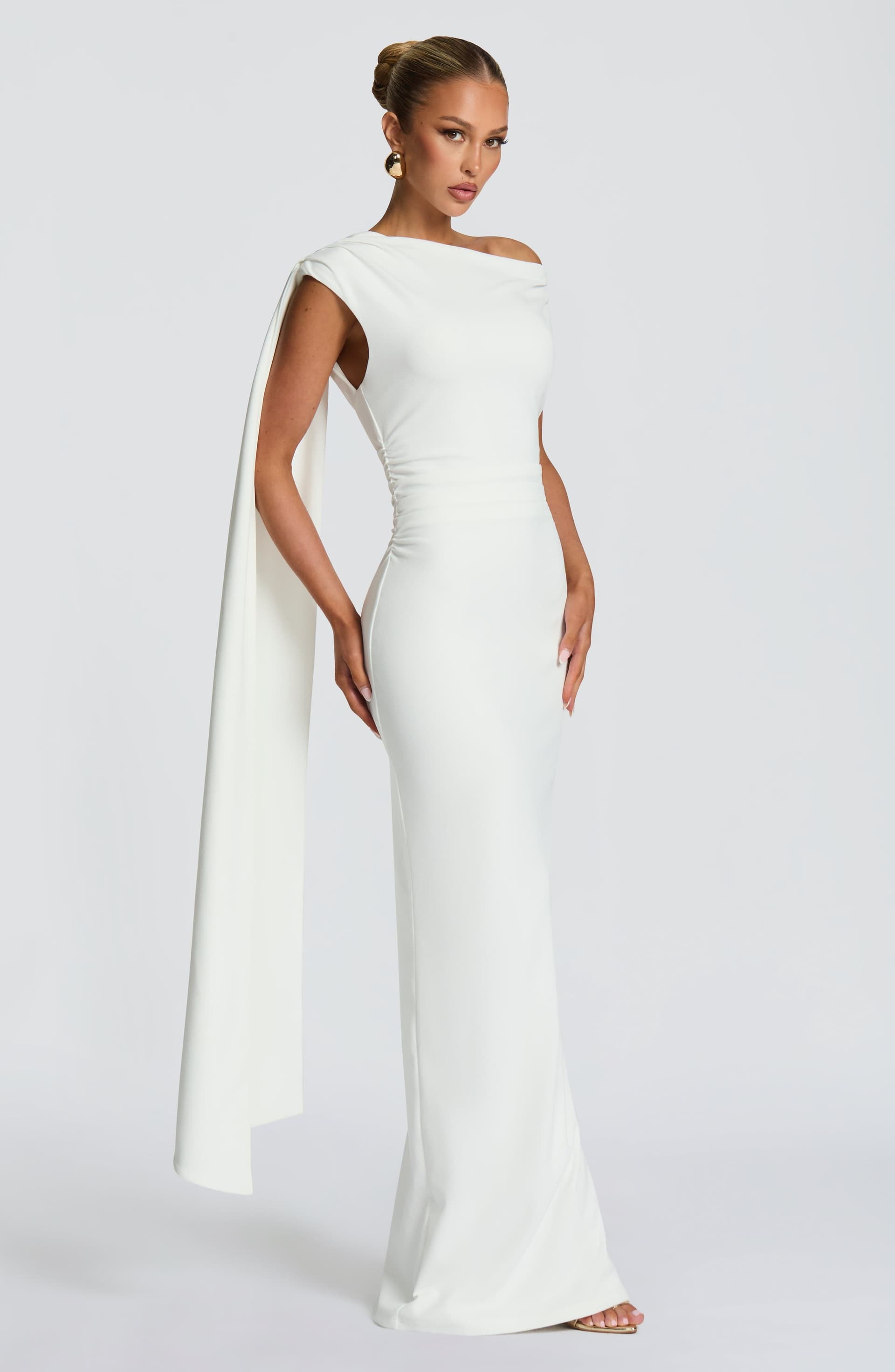 Kylie Maxi Dress in Ivory - Stretch Crepe Column Silhouette with Back Split