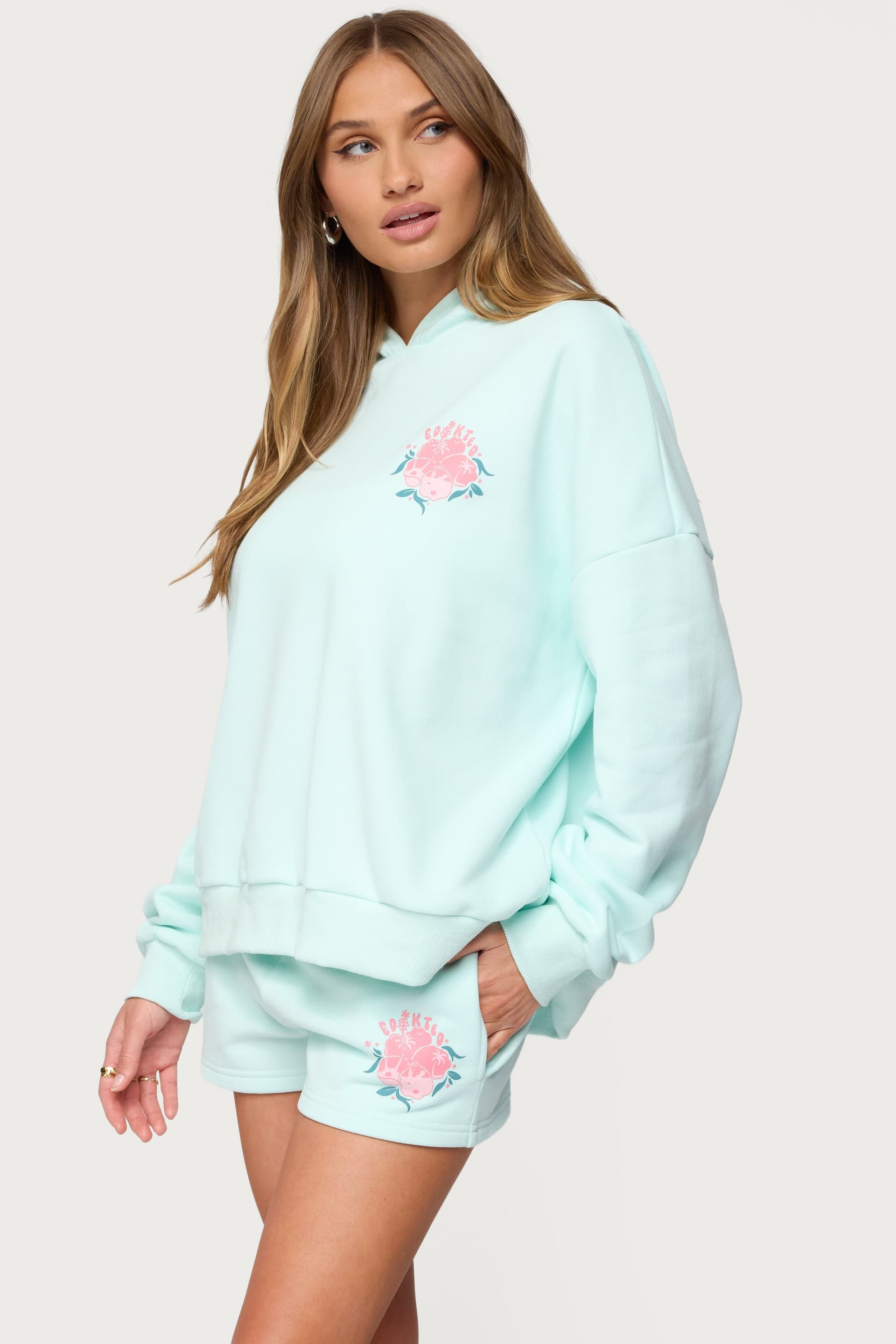 Beach Bloom Hoodie with Hibiscus Flower Palm Trees Print Polyester Cotton
