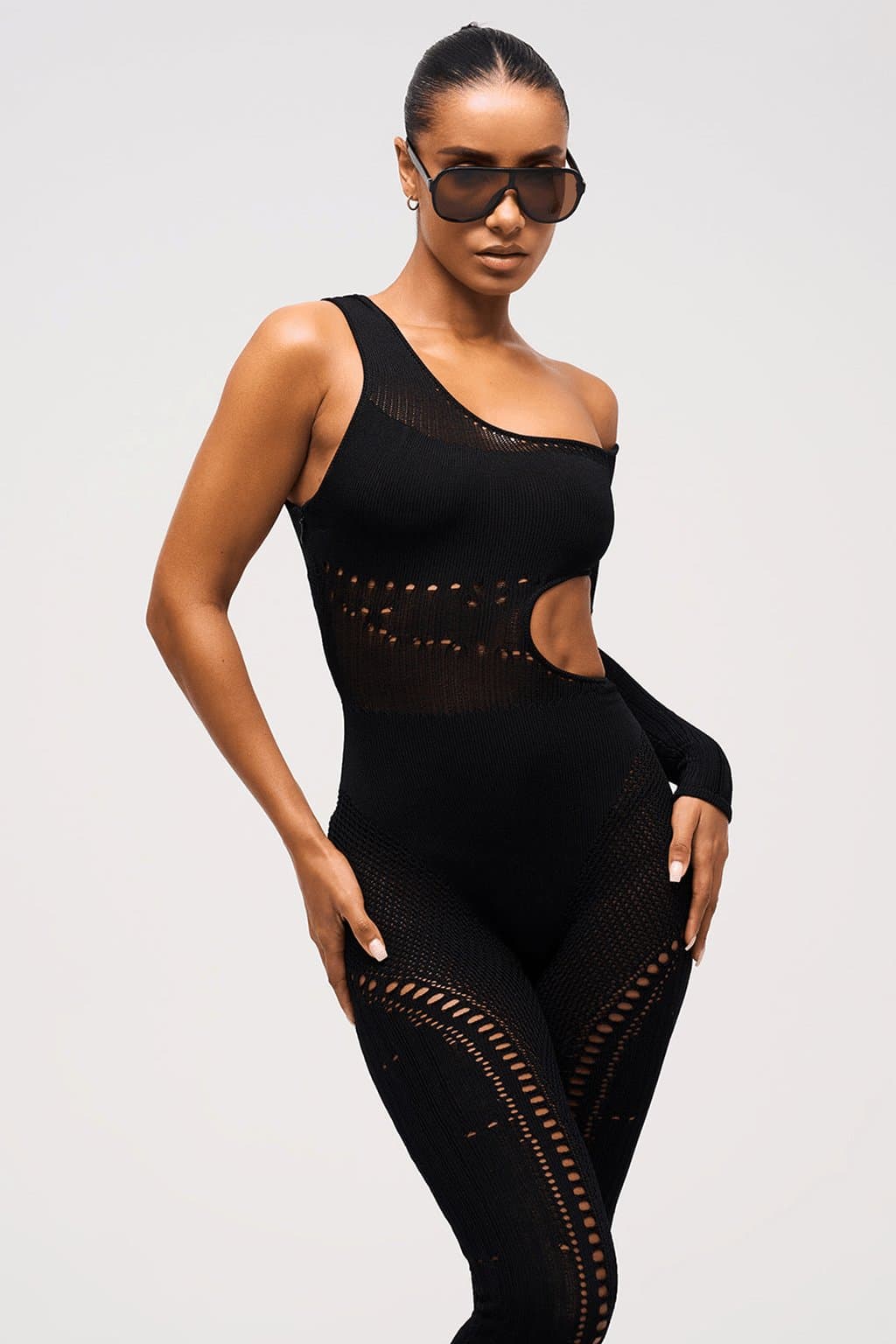 Black Cut Out One Sleeve Knitted Jumpsuit PANTHER ADM-SHP-MN6U08CK-408344