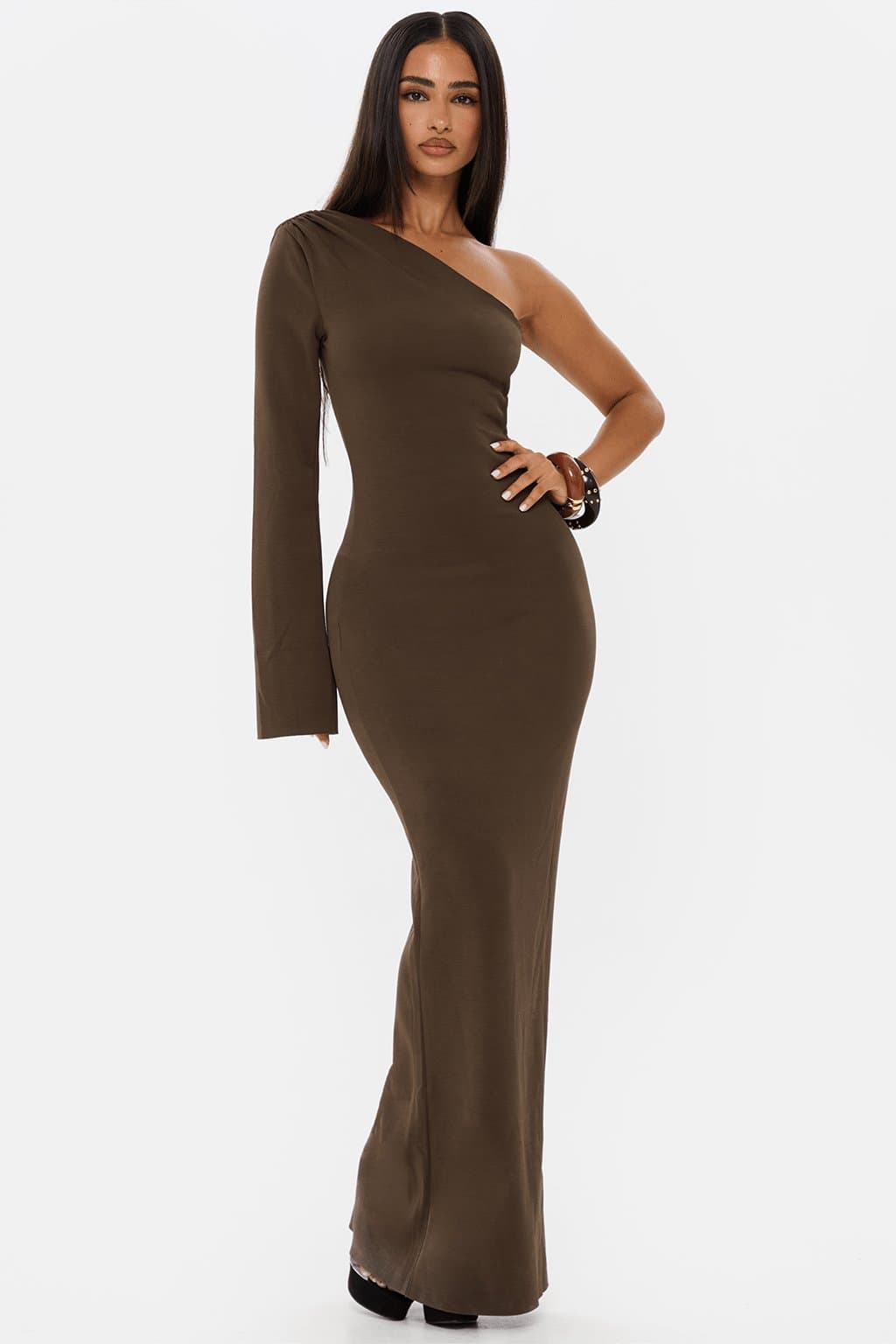Sculpt Asymmetric Off the Shoulder Maxi Dress - Buttery Stretch Fitted Floor Length