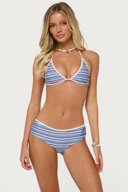 Carlota Striped Triangle Bikini Top Adjustable Halter Ties Polyester Spandex