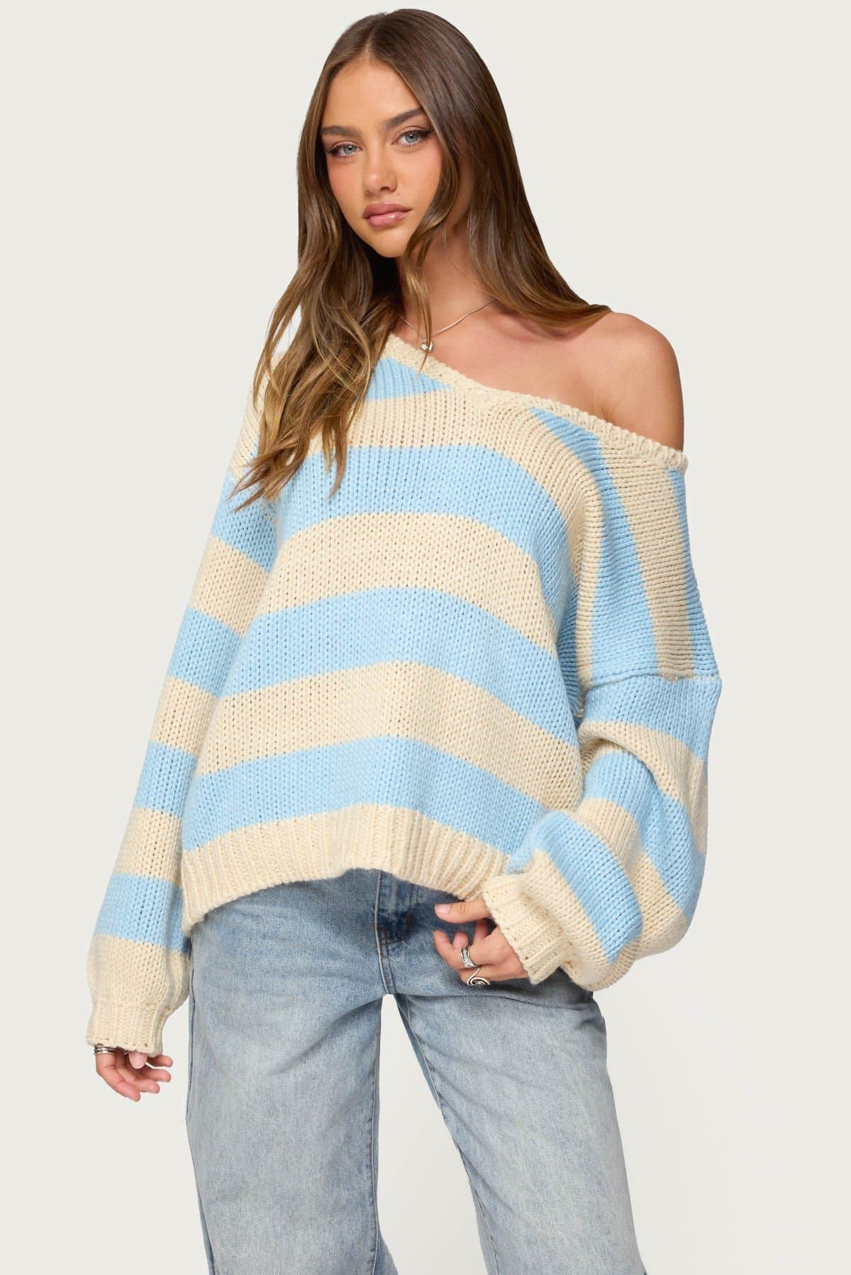 Tracie Striped Oversized V-Neck Sweater - Acrylic Knit