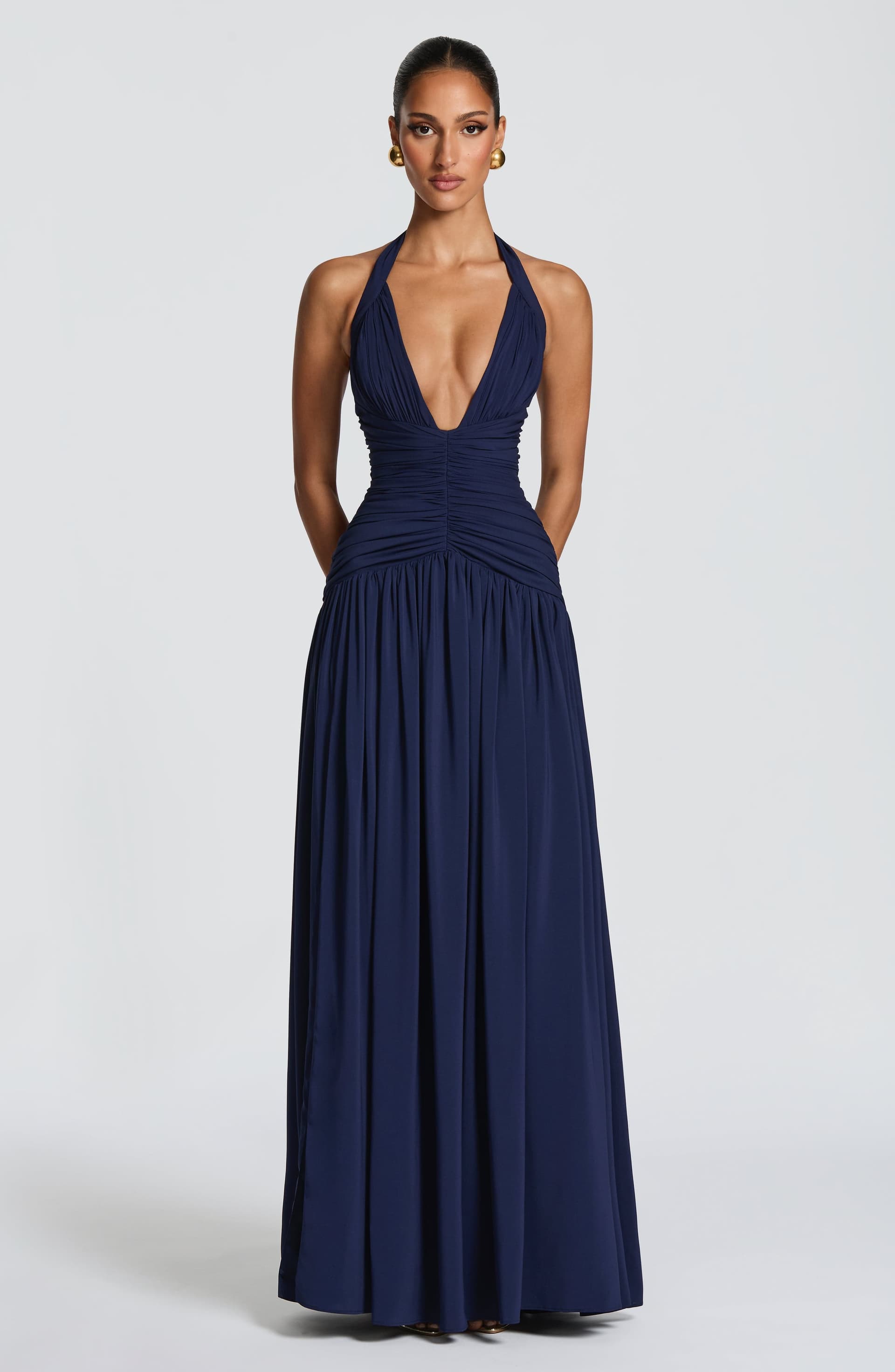 Amaris Maxi Dress - Navy Chiffon Plunge Halter Neck Thigh Split