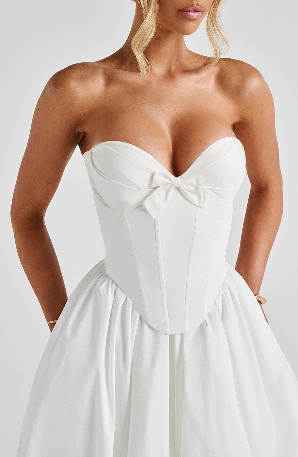 Prim Midi Dress Ivory Strapless Plunge Sweetheart Neckline Lace-Up Back Boned Corset