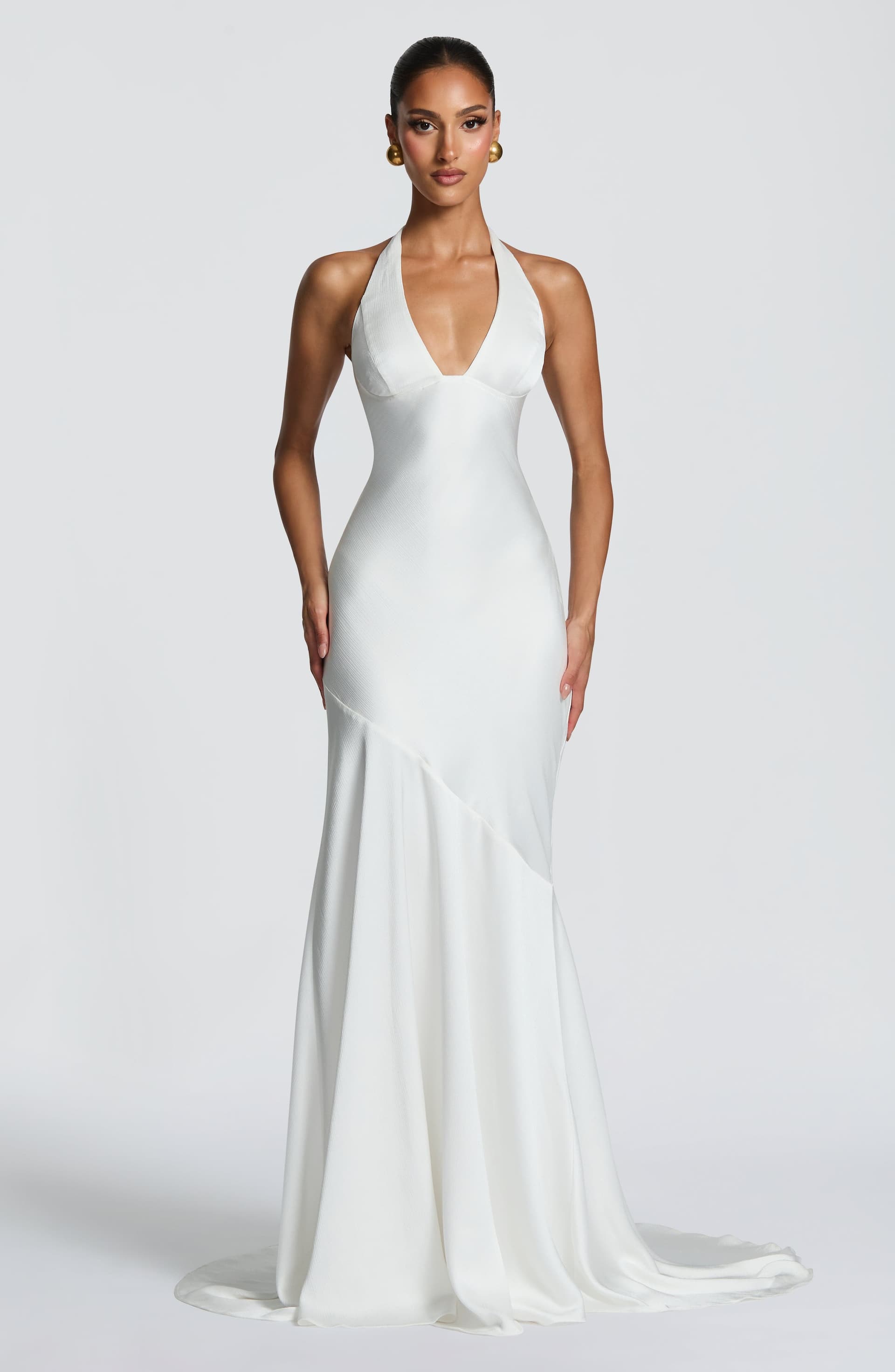 Kirsten Ivory Textured Satin Gown with Plunge Neckline and Train