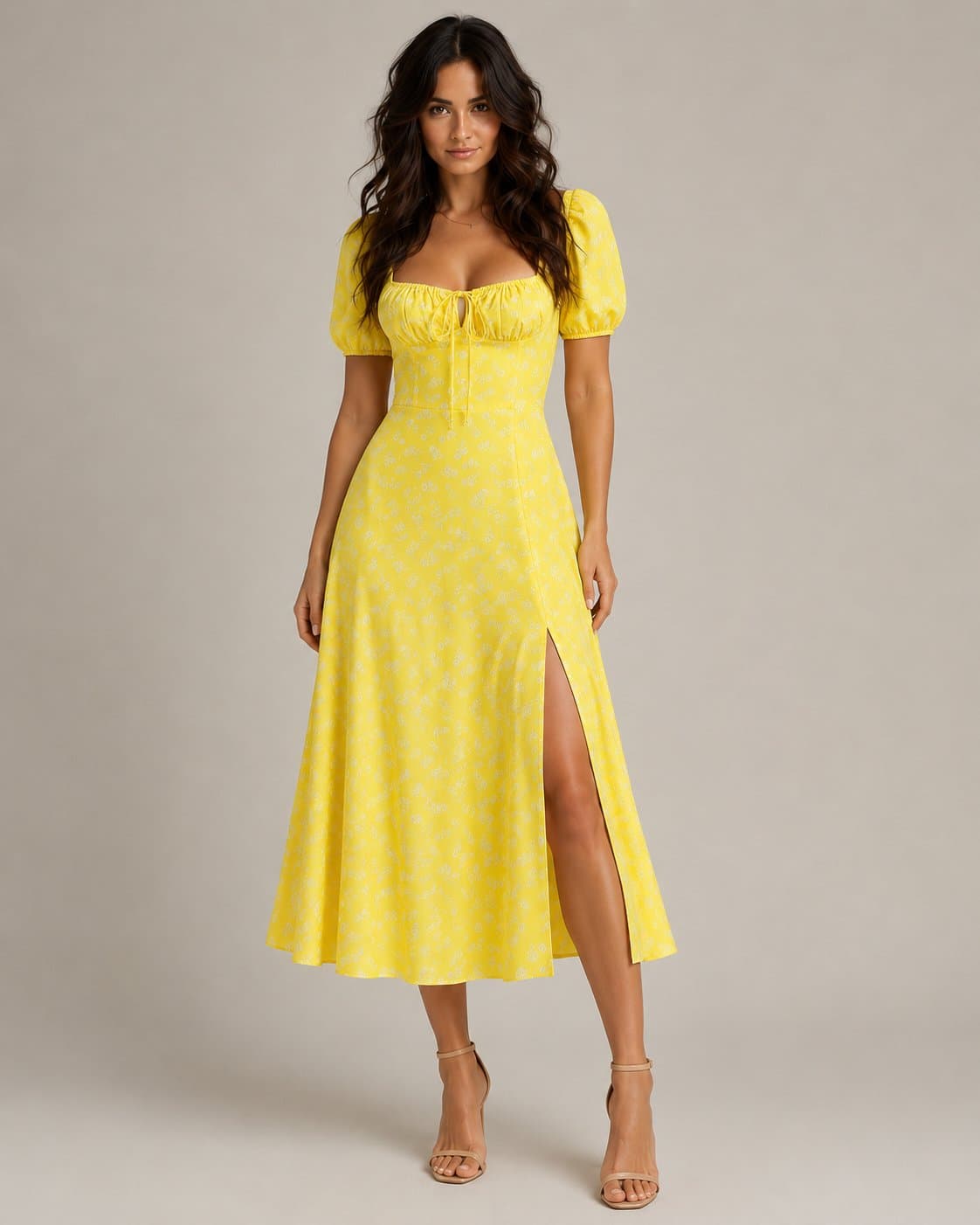 Women's Yellow Floral Midi Dress – Puff Sleeve Sweetheart Neck Tie Front A-Line Dress with Side Slit