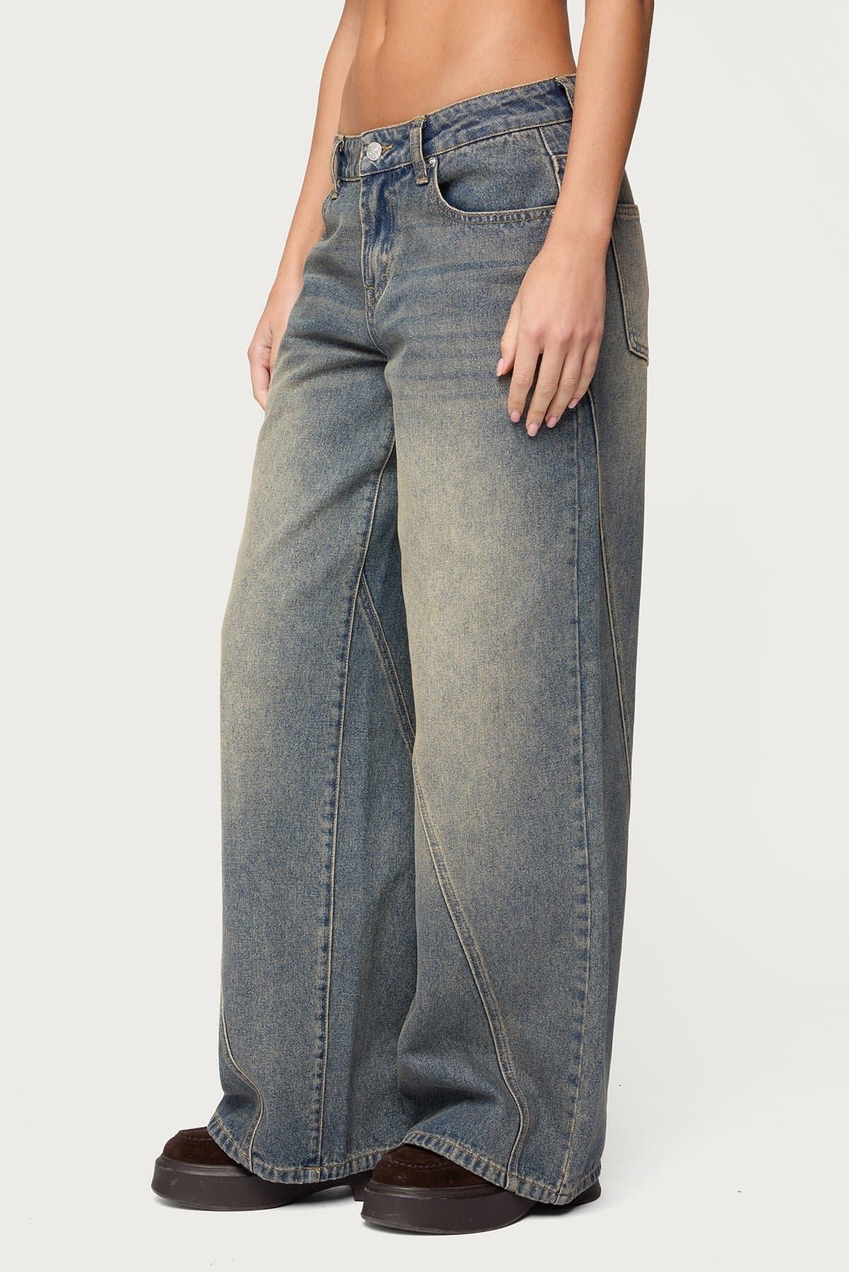Vintage Washed Low Rise Baggy Jeans - 100% Cotton Rigid Denim, Stitch Detailing