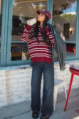 Rilynn Striped Polo Sweater - Oversized Knit Rugby Shirt in Acrylic Polyester Nylon