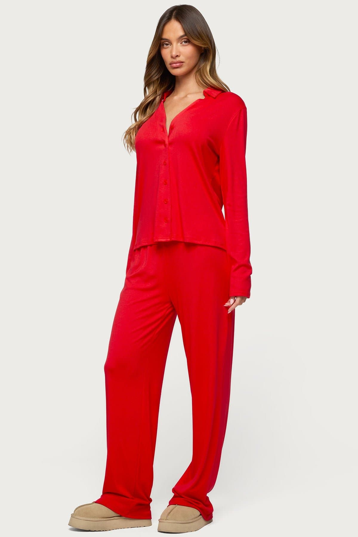 Justina Button Up Long Sleeve Sleepwear Top - V-Neck Collared Cotton Polyester Spandex