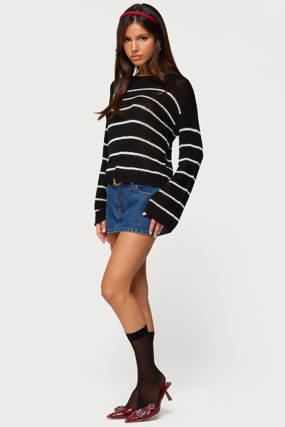 Drop Shoulder Light Knit Striped Sweater - Relaxed Fit Polyester Rayon