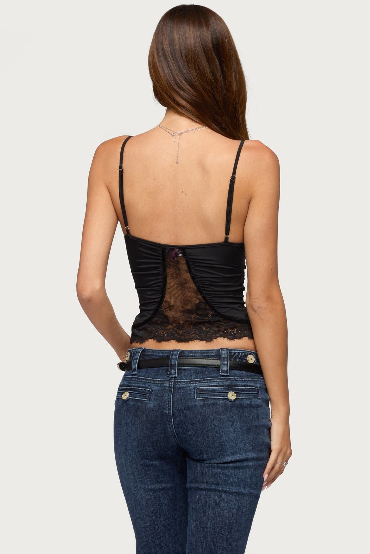 Yanny Lacey Tank Top with Adjustable Straps, Scalloped Lace Trim, Sheer Polyester Spandex