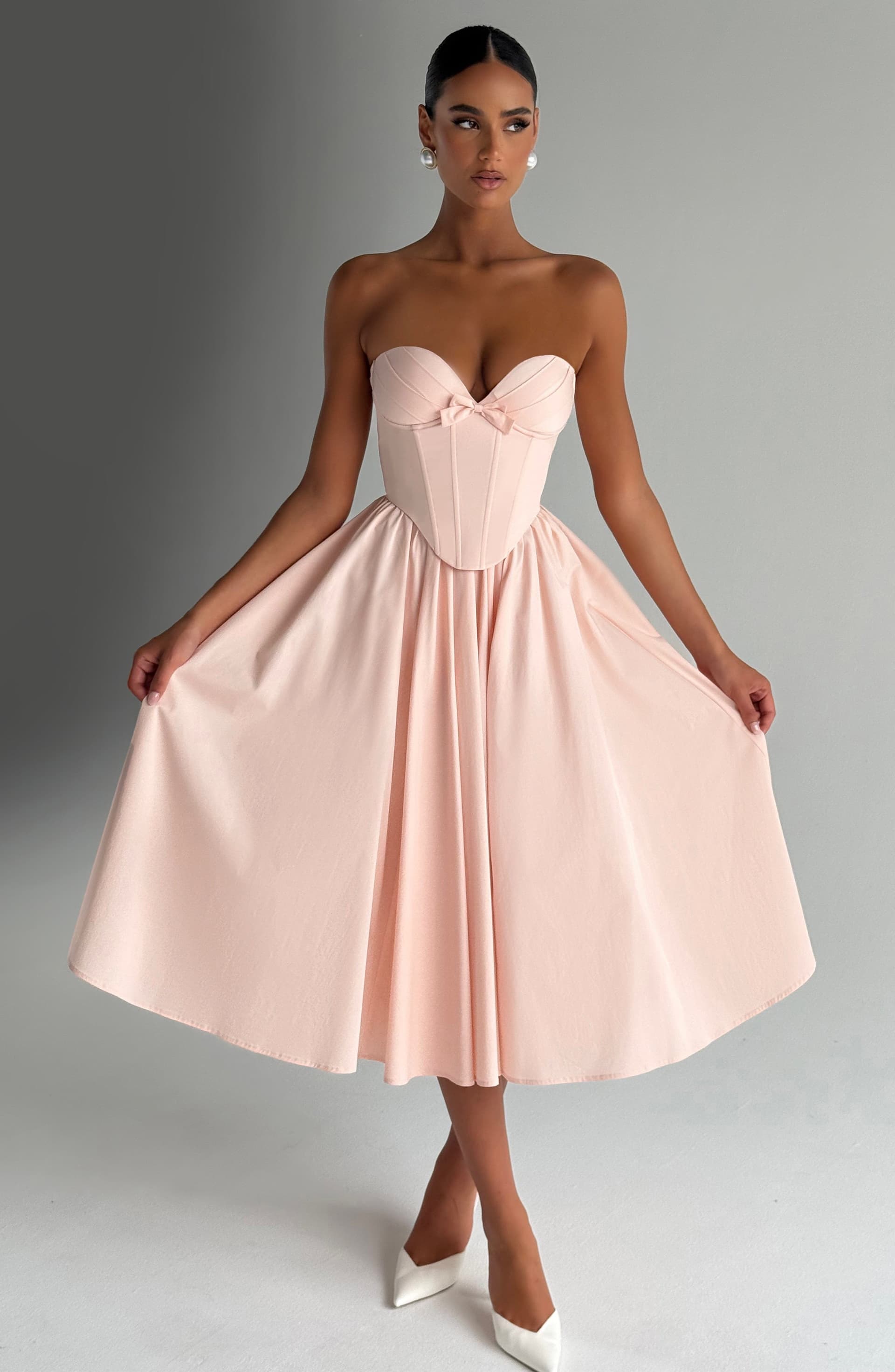 Prim Midi Dress Soft Peach Strapless Sweetheart Lace-Up Back