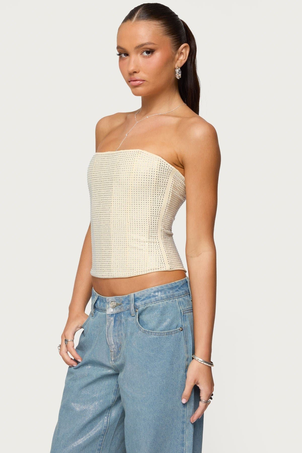 Vezza Strapless Rhinestone Corset - Polyester Spandex Boned Bodice Lace Up Back