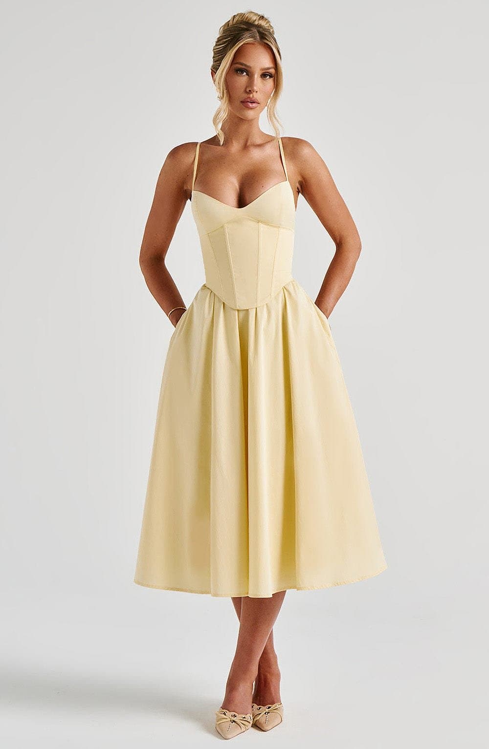 Mariella Midi Dress - Lemon - Sweetheart Neckline, Lace-Up Back, Cotton Nylon Blend