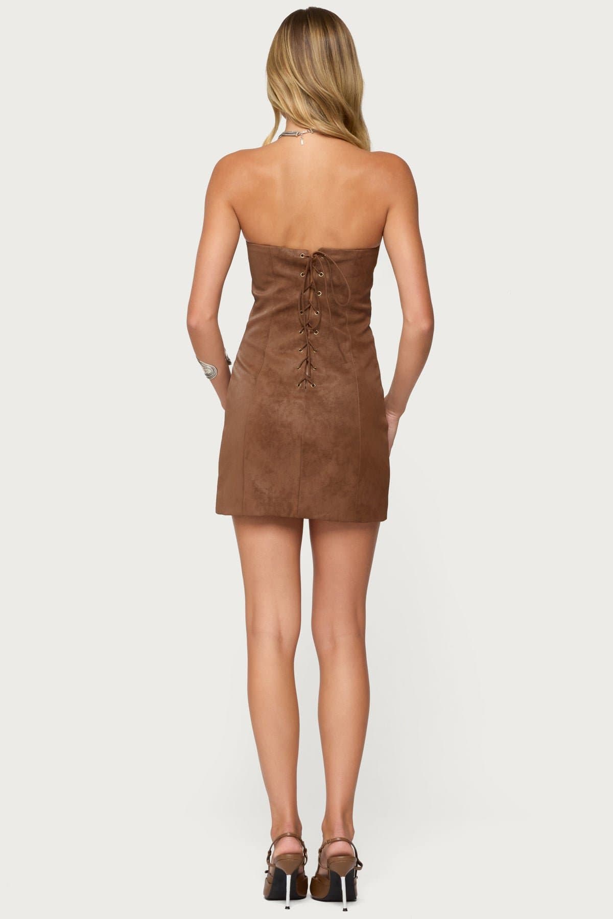 Carina Strapless Faux Suede Mini Dress - Lace Up Back Polyurethane Cotton