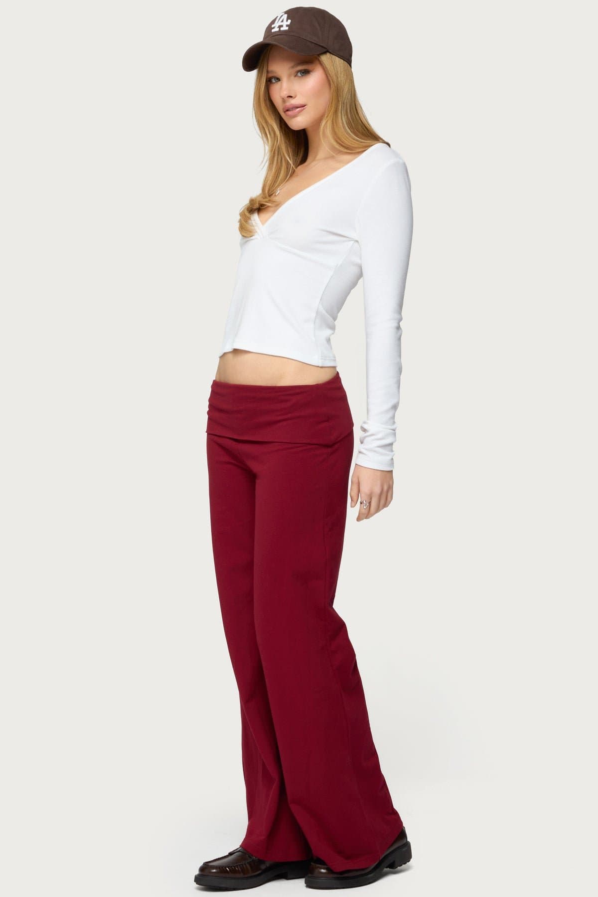 Petite Wide Leg Fold Over Pants 100% Cotton Inseam 29.1" Size S