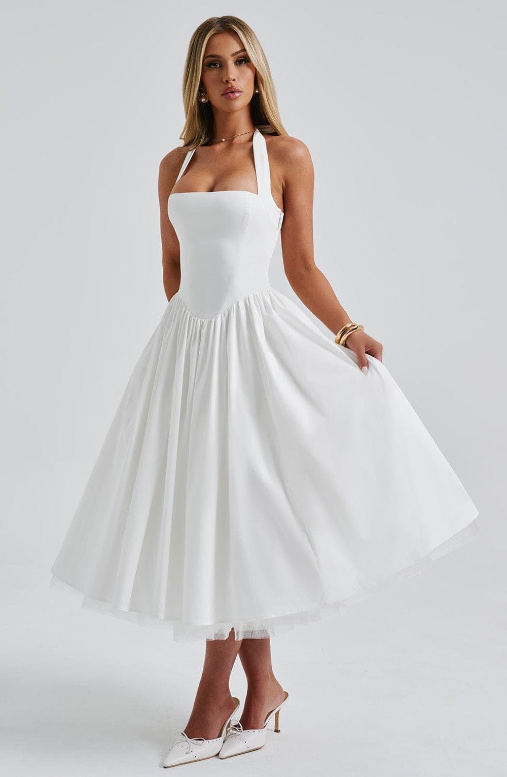 Cressida Midi Dress in Ivory - Square Halter Neck Cotton Blend