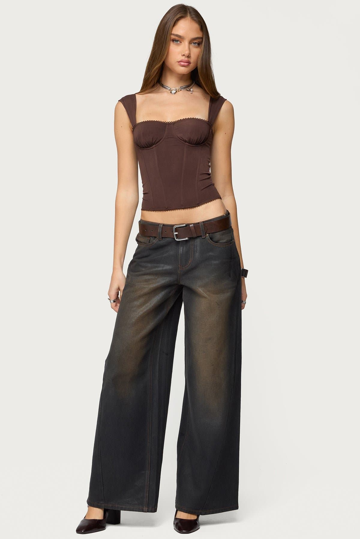 Marcella Wide Strap Corset with Cups Boned Bodice Frill Trim Mesh