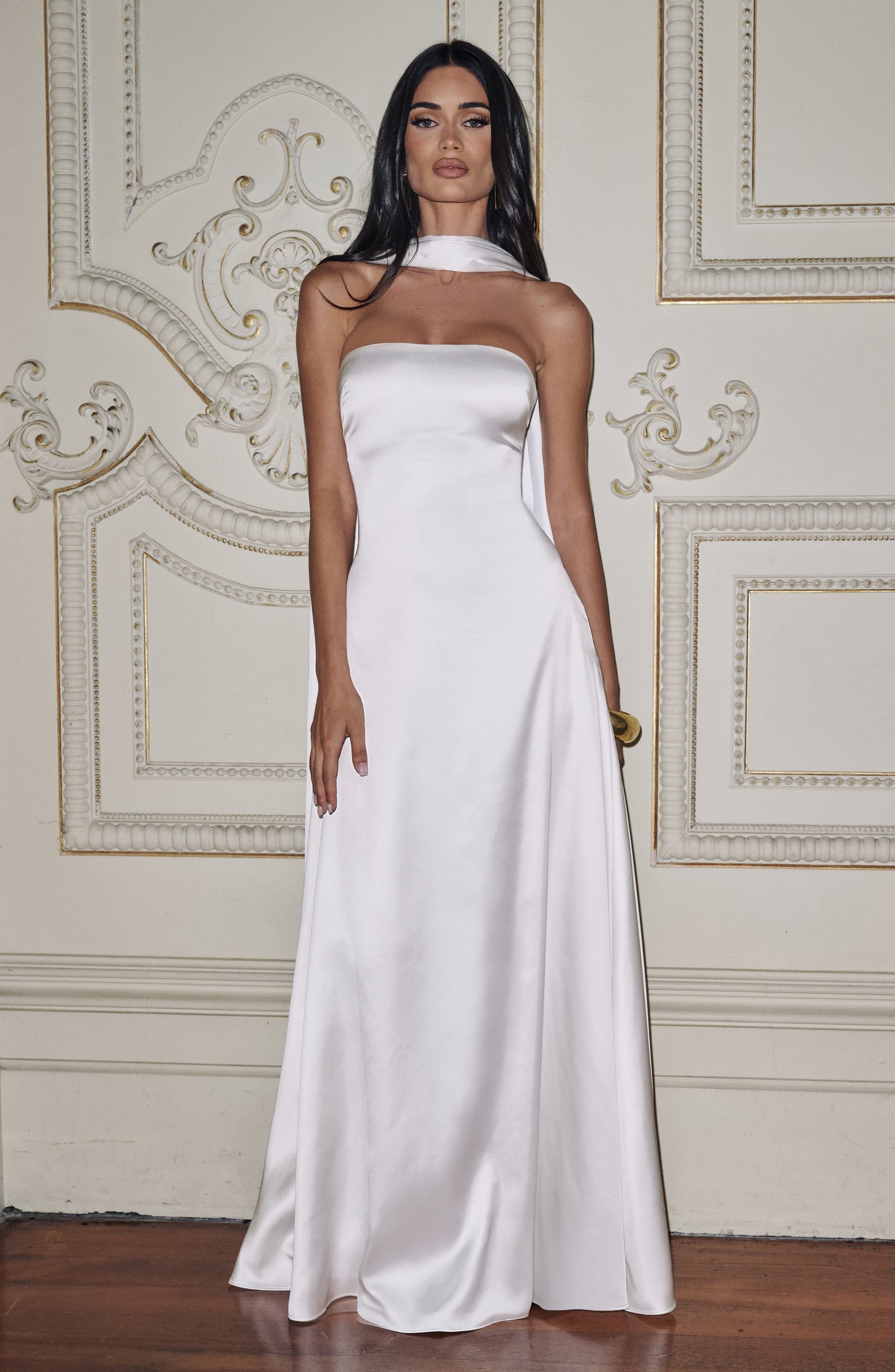 Morven Maxi Dress in Ivory - Strapless Satin A-Line with Lace-Up Back