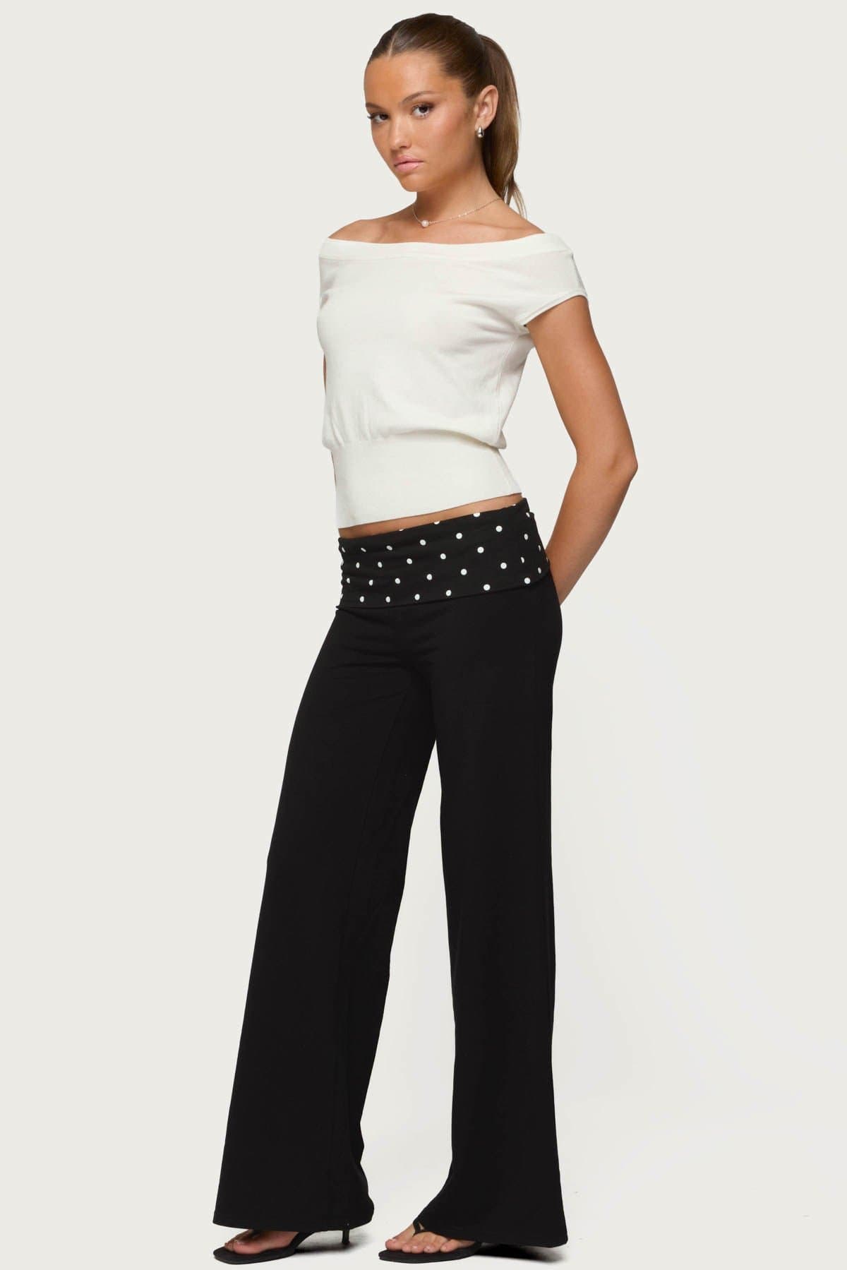 Reeva Polka Dot Foldover Wide Leg Pants - Cotton Spandex Size S Inseam 31.9in