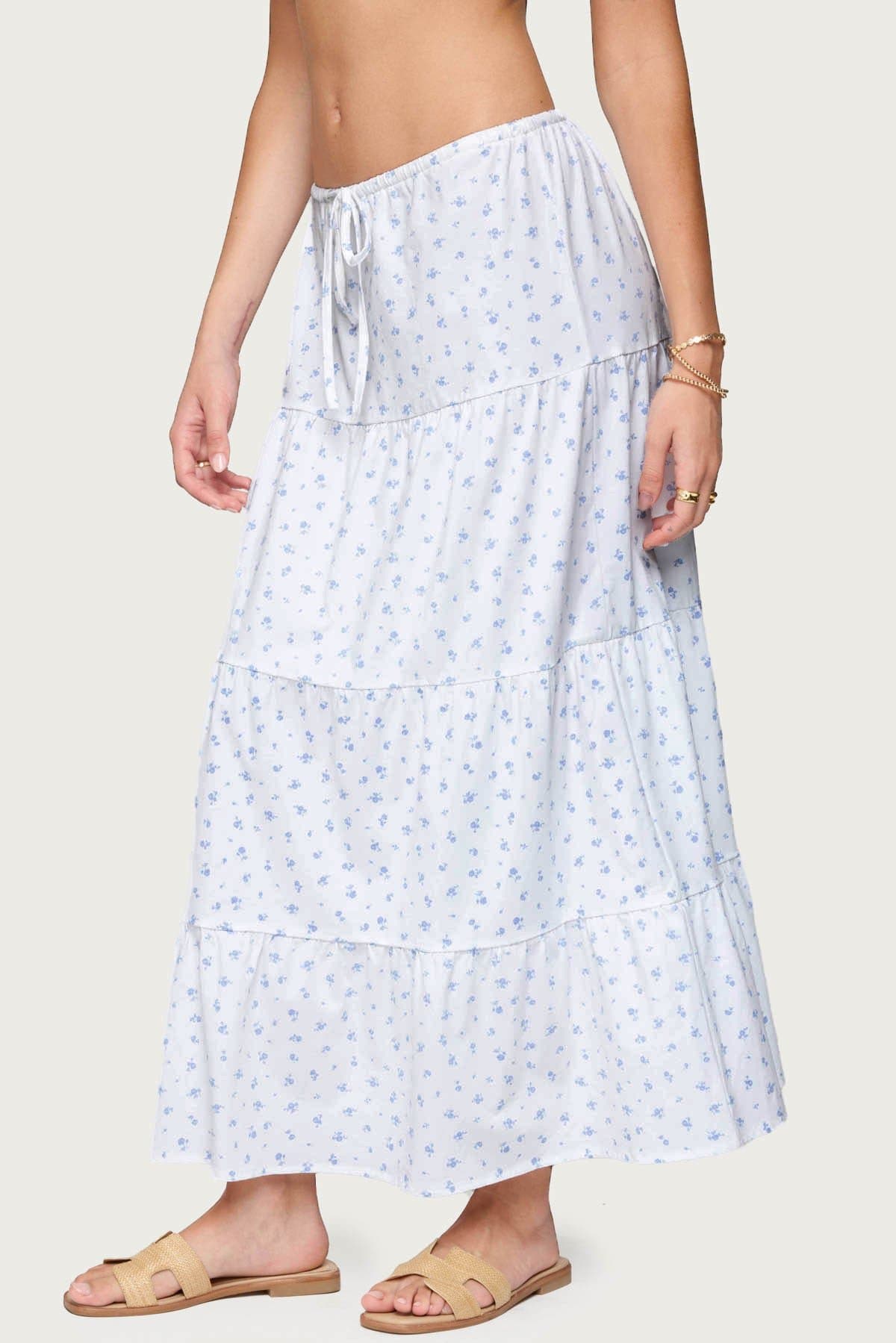 Charley Floral Tiered Maxi Skirt - Adjustable Tie Waist, Cotton Lyocell Blend