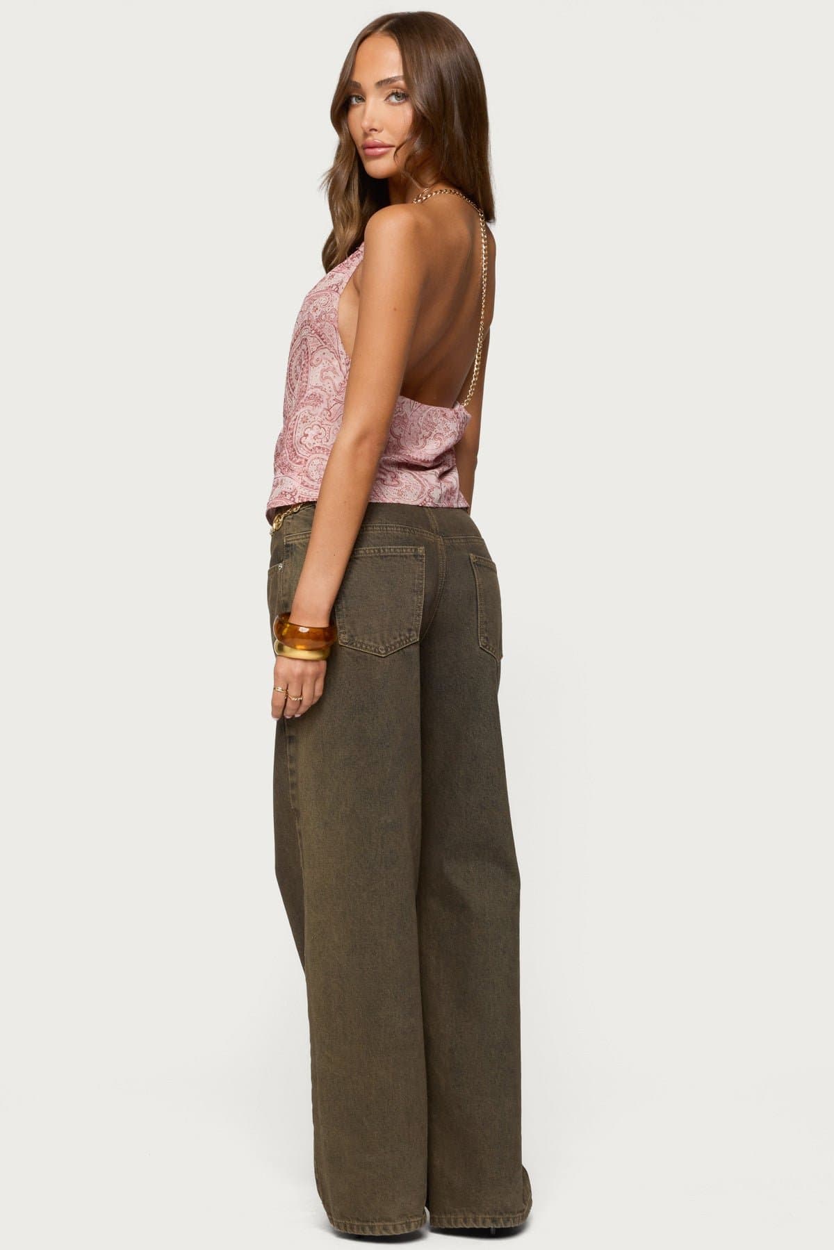 Printed Halter Chain Cowl Neck Top - Polyester