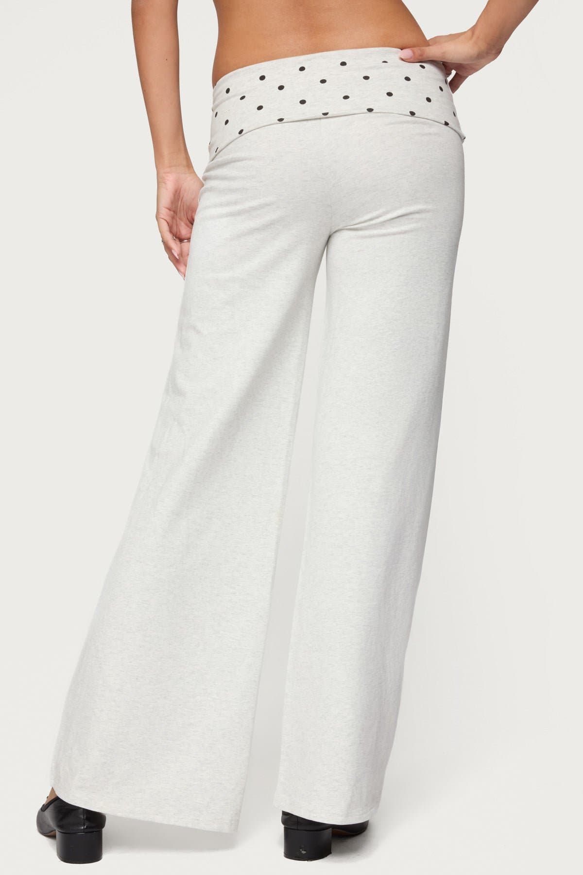 Reeva Polka Dot Foldover Wide Leg Pants - Cotton Spandex Size S Inseam 31.9"