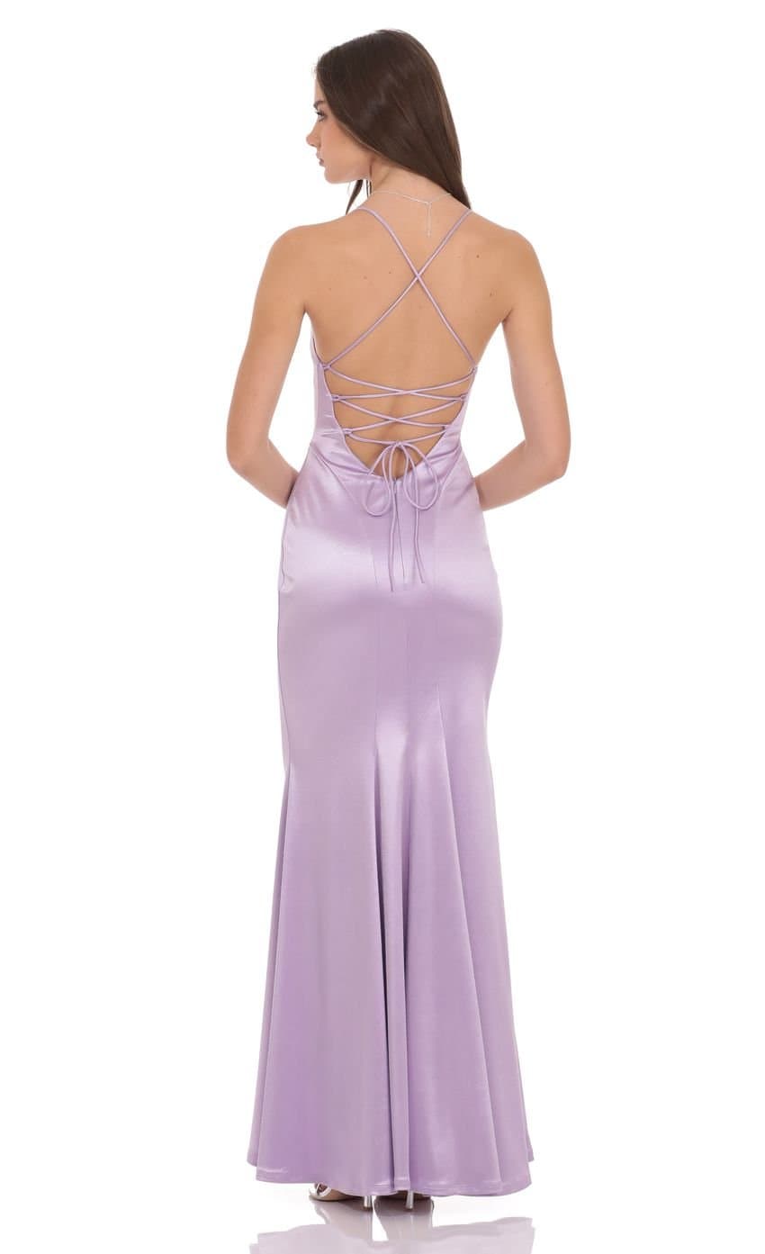 Satin Open Back Mermaid Maxi Dress in Lavender