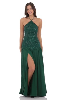 Drop Waist Sequin Maxi Dress in Green